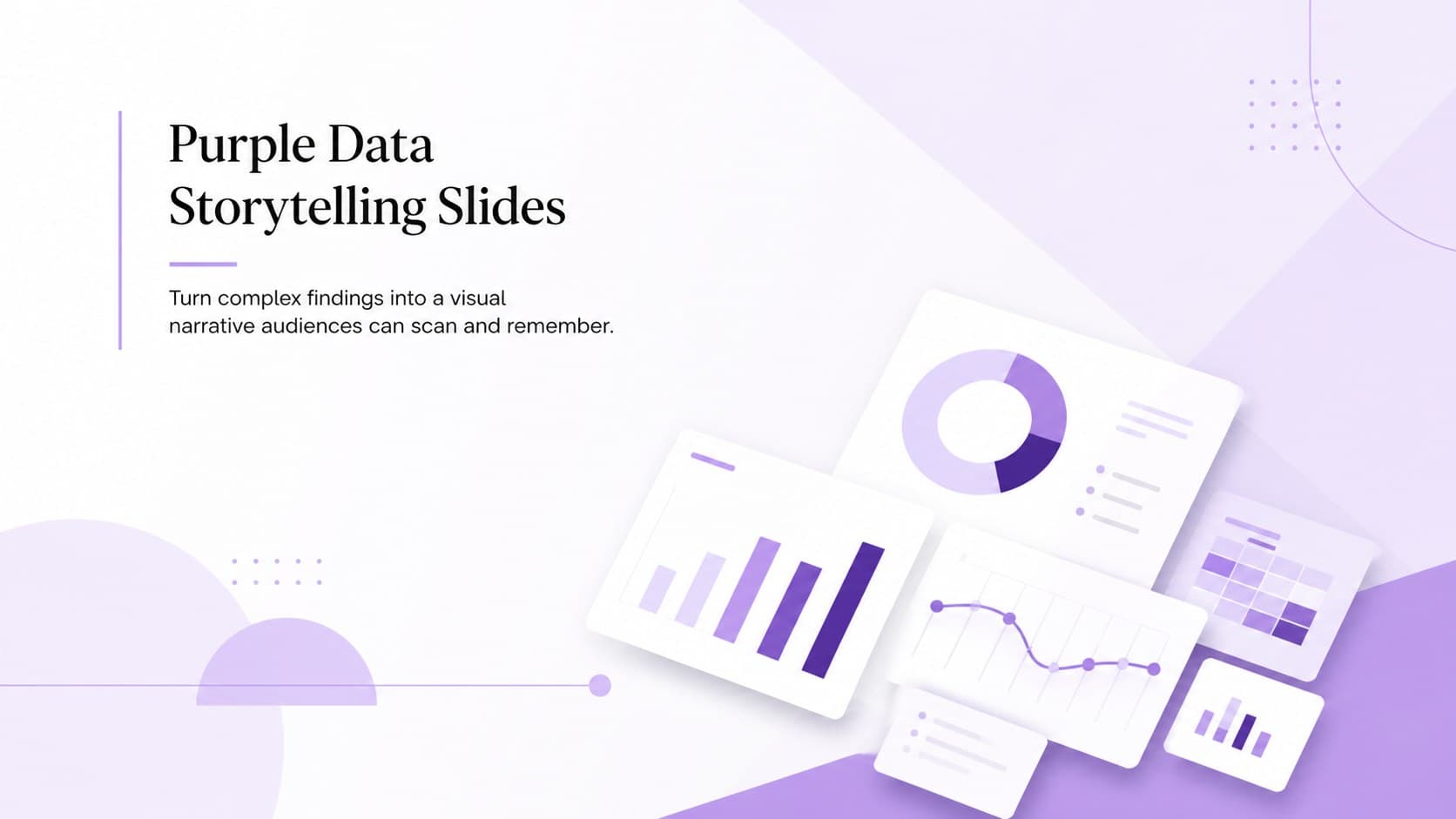 Cover for Purple Data Storytelling Slides with modern typography and restrained purple infographic accents.