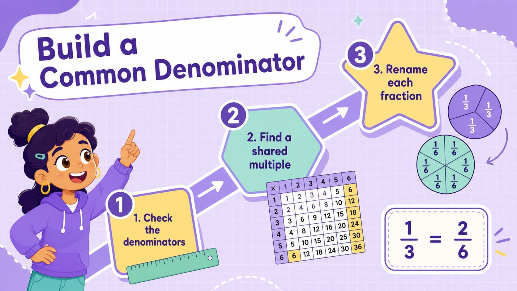Common denominator classroom activity slide showing a clear three-step method in a purple pastel layout.