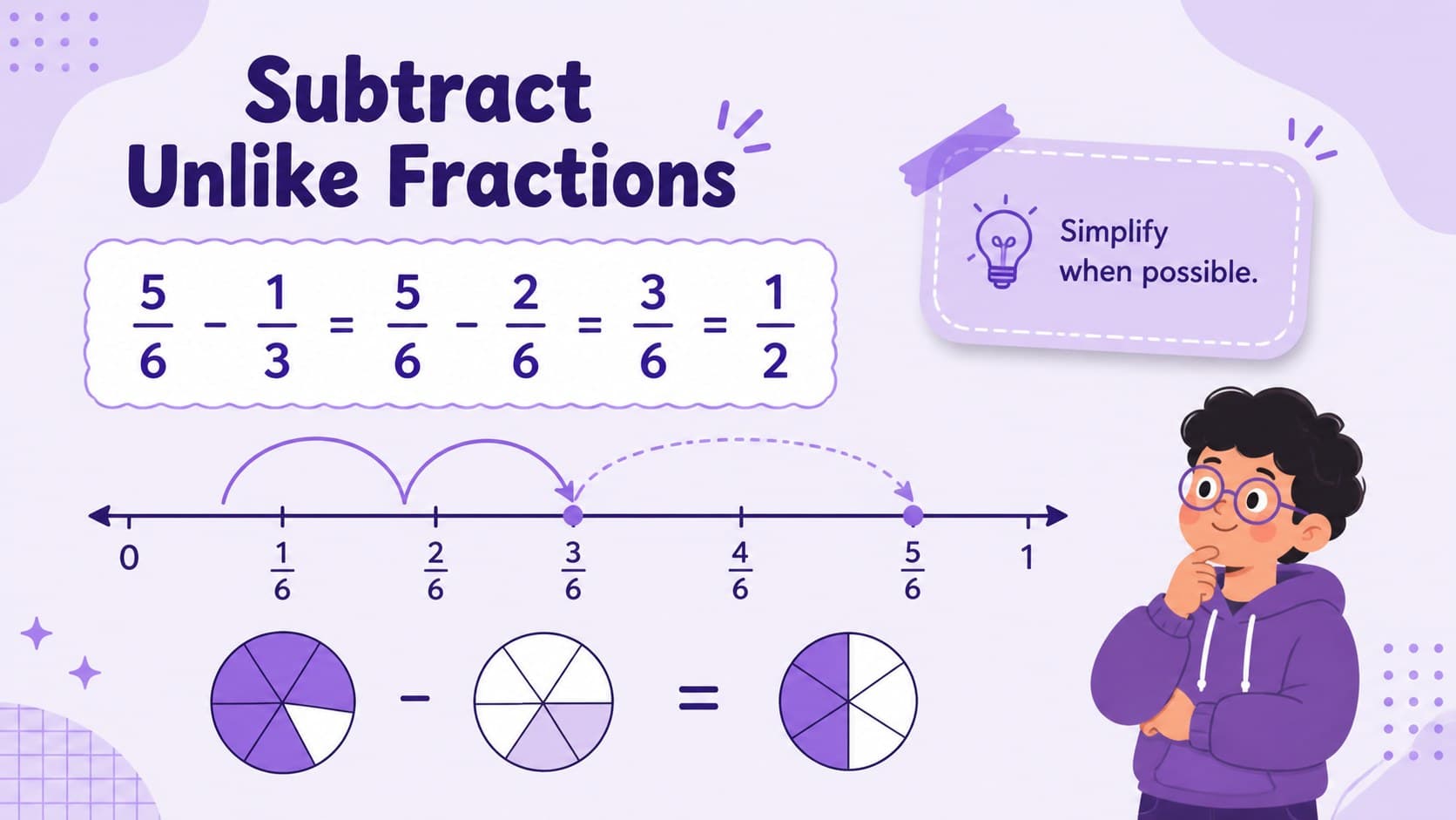 Subtracting fractions with unlike denominators slide featuring a worked example and visual number line.