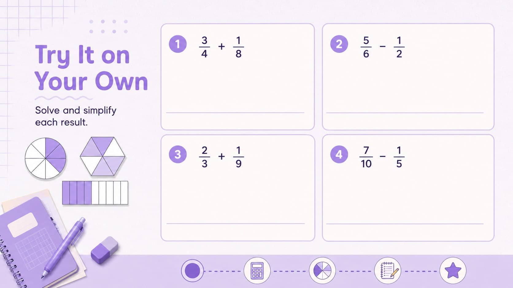 Editable fraction arithmetic presentation slide with independent practice problems and workspace.