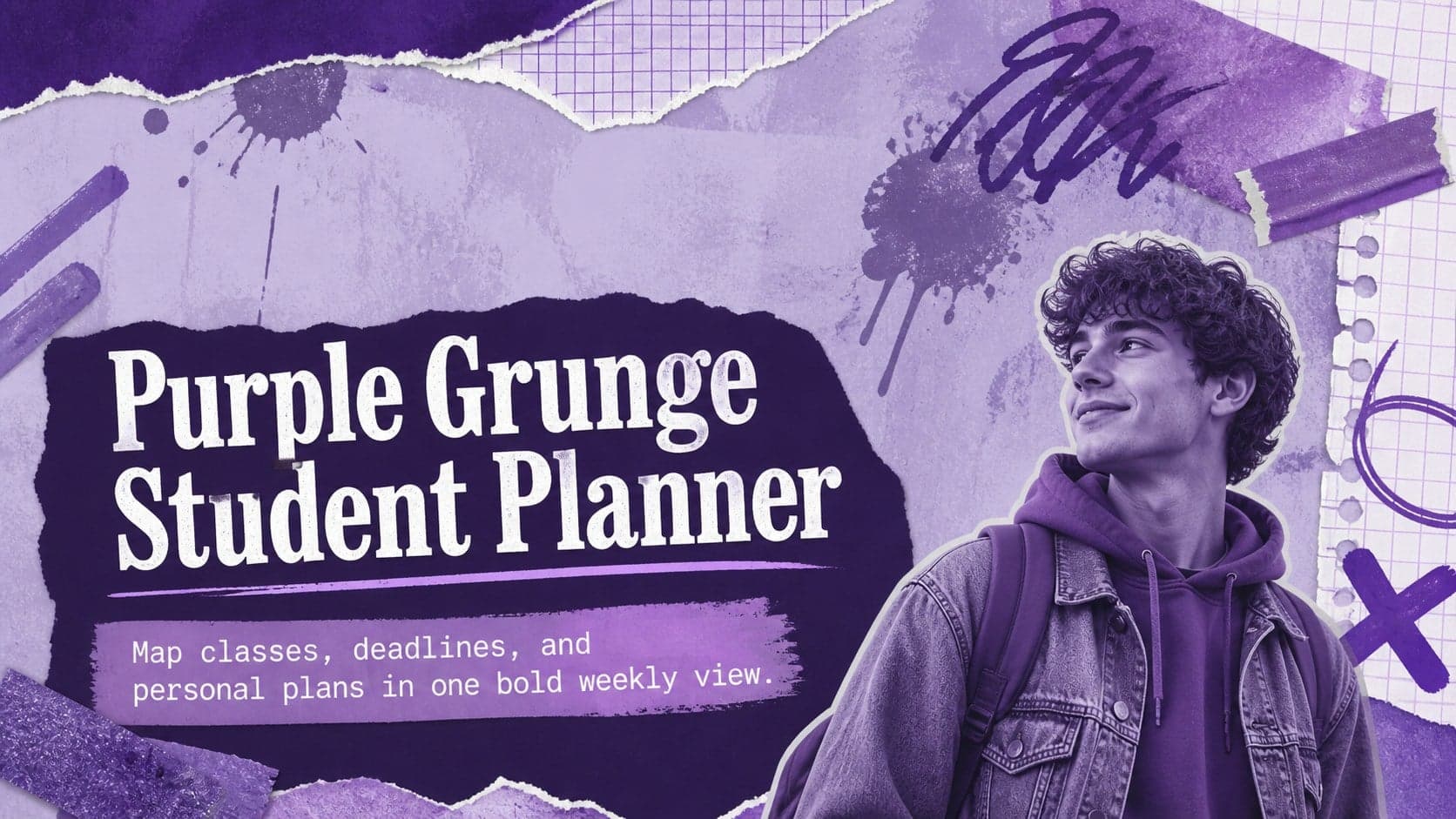 Purple grunge student planner cover with distressed paper textures and bold academic planning graphics.