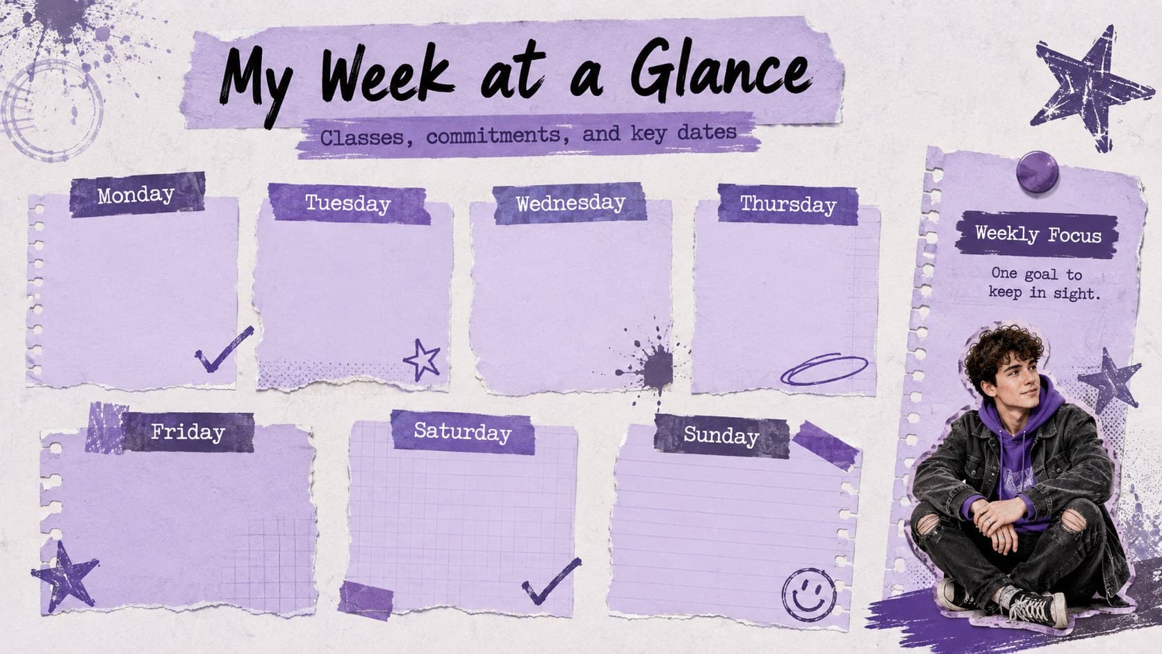 Editable grunge planner for students showing a purple Monday-to-Sunday schedule and weekly focus area.