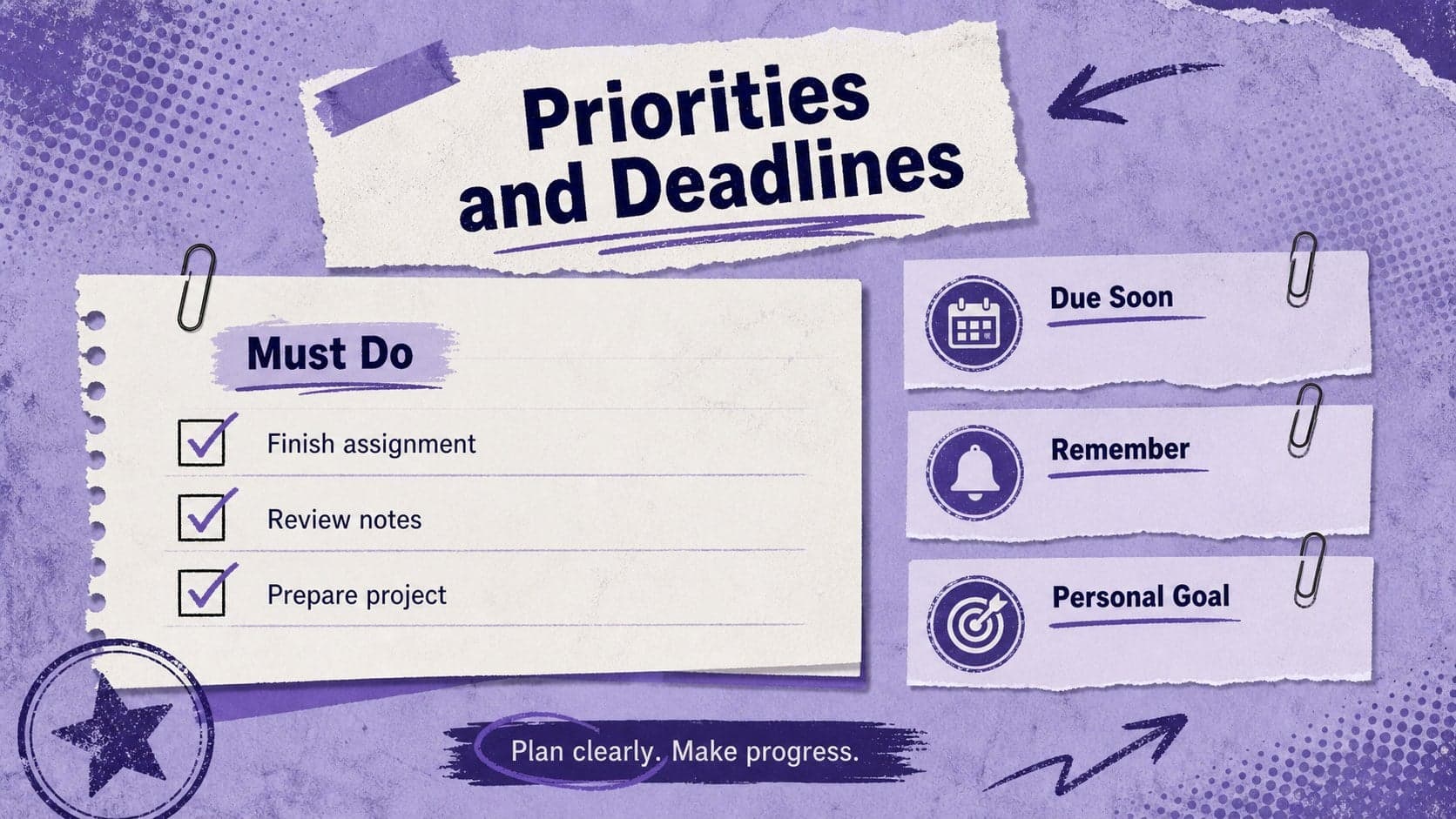 Purple weekly study organizer with priority tasks, deadline tracking, reminders, and personal goals.