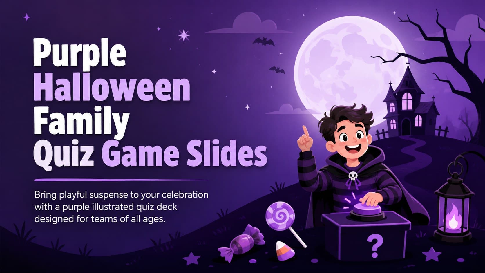 Cover for Purple Halloween Family Quiz Game Slides with a cute moonlit game-board design.