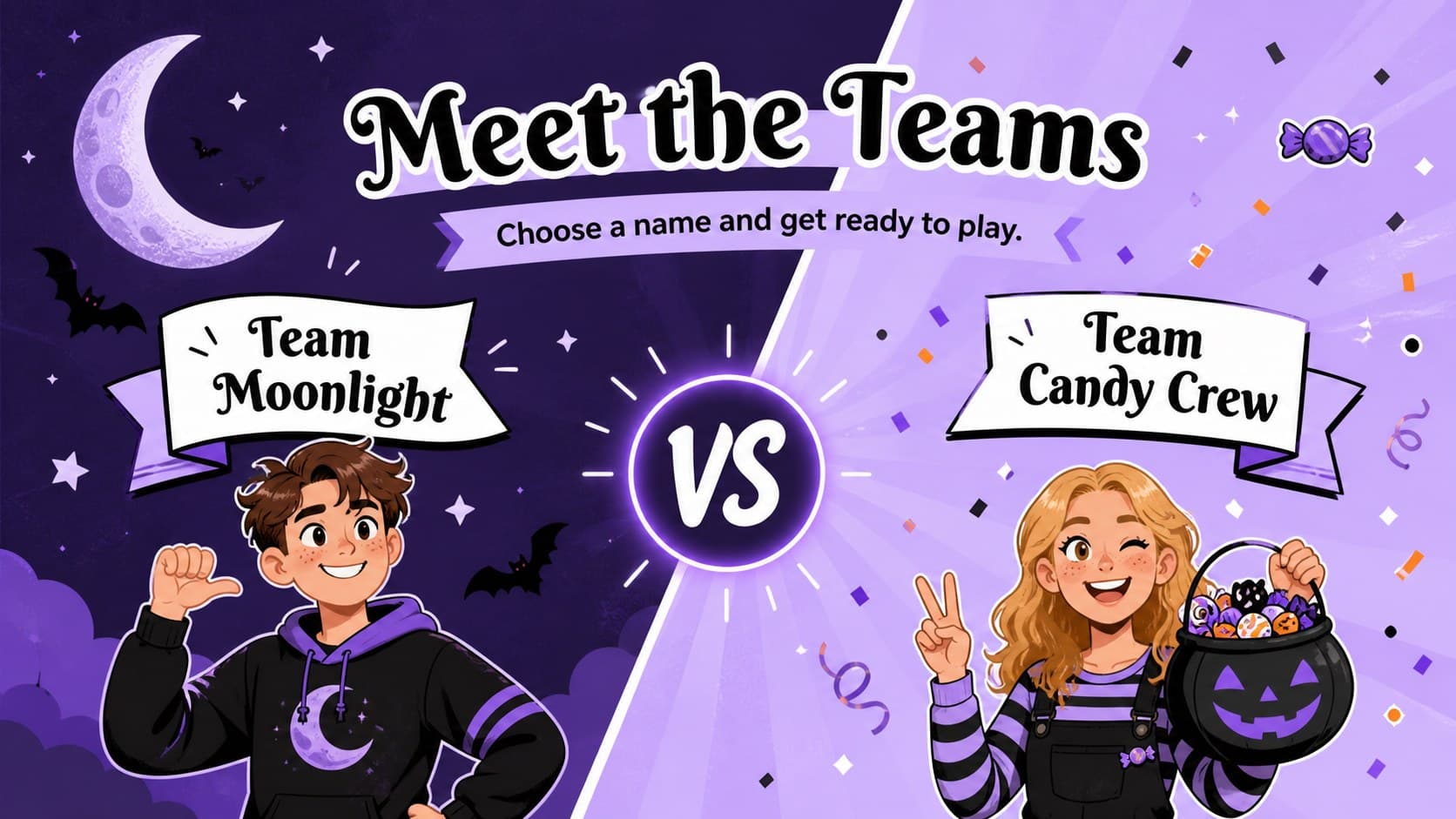 Purple Halloween team introduction screen for a family quiz game.