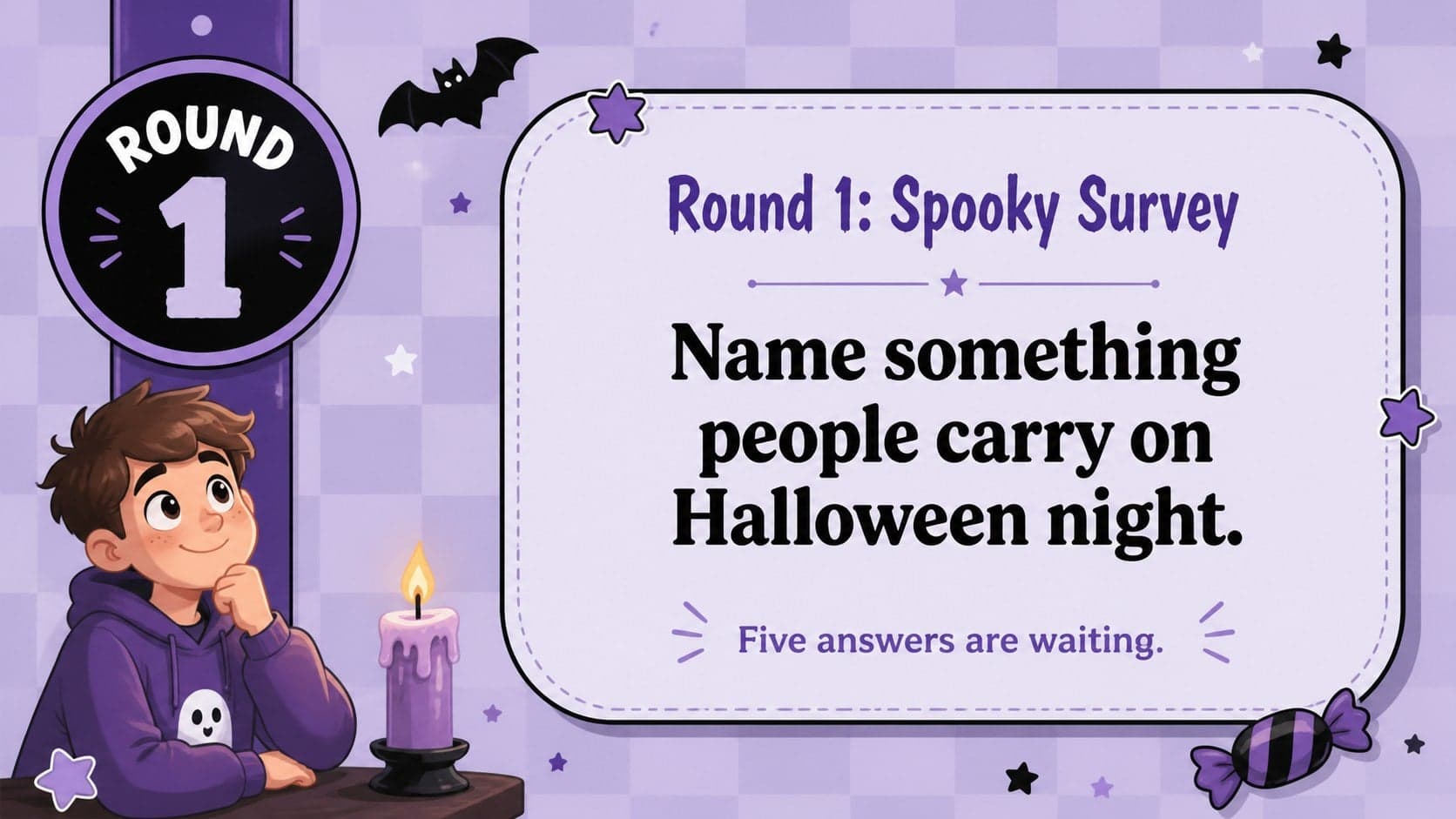First survey question in an editable Halloween party game slide.