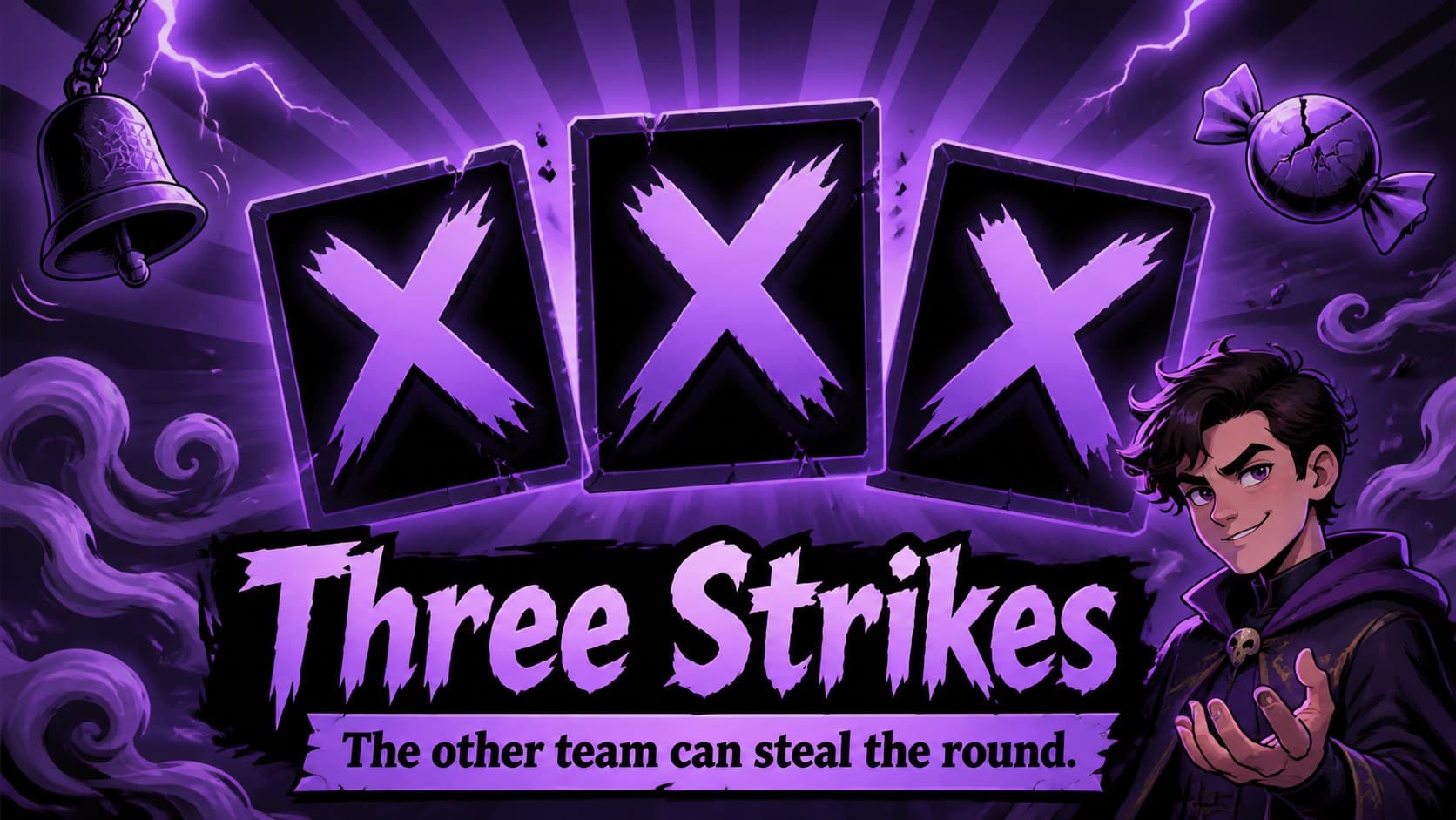 Purple Halloween quiz strike screen with three missed-answer markers.