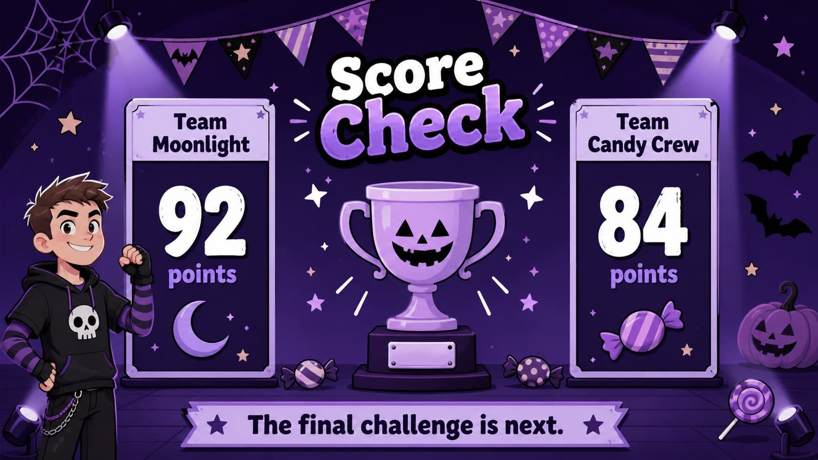 Halloween quiz scoreboard comparing two teams after the opening rounds.