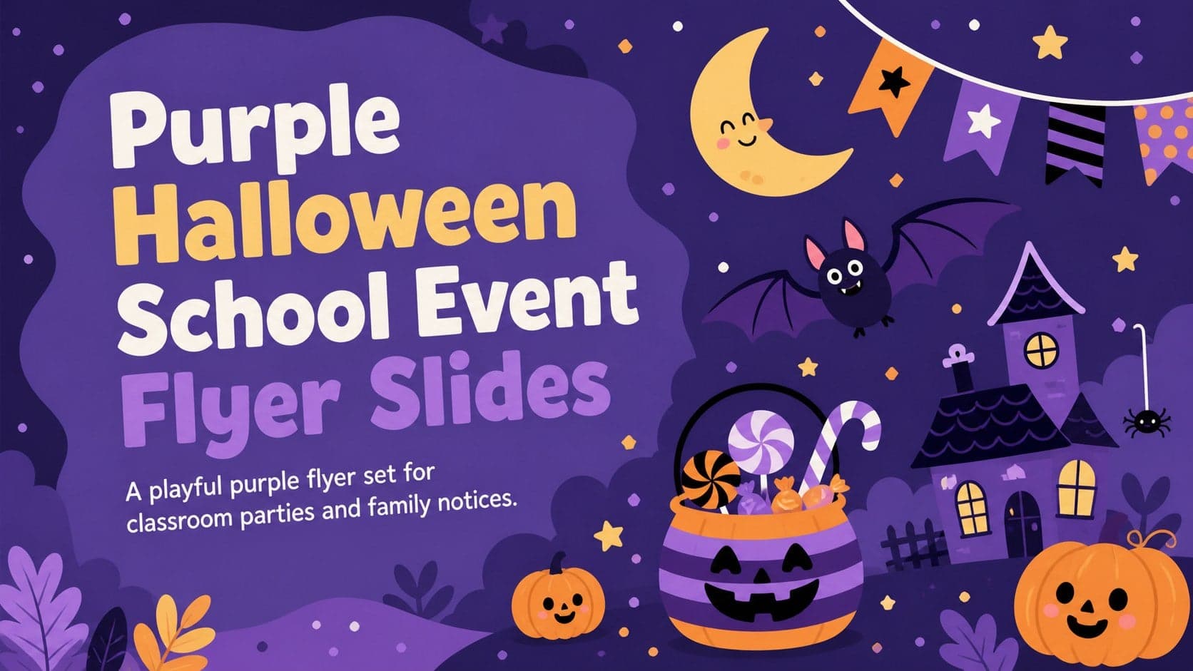 Cover for Purple Halloween School Event Flyer Slides with playful seasonal illustrations and a bold purple classroom flyer layout.