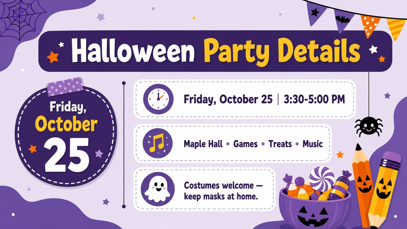 Editable Halloween school flyer showing party date, location, activities, and costume information in a purple illustrated layout.
