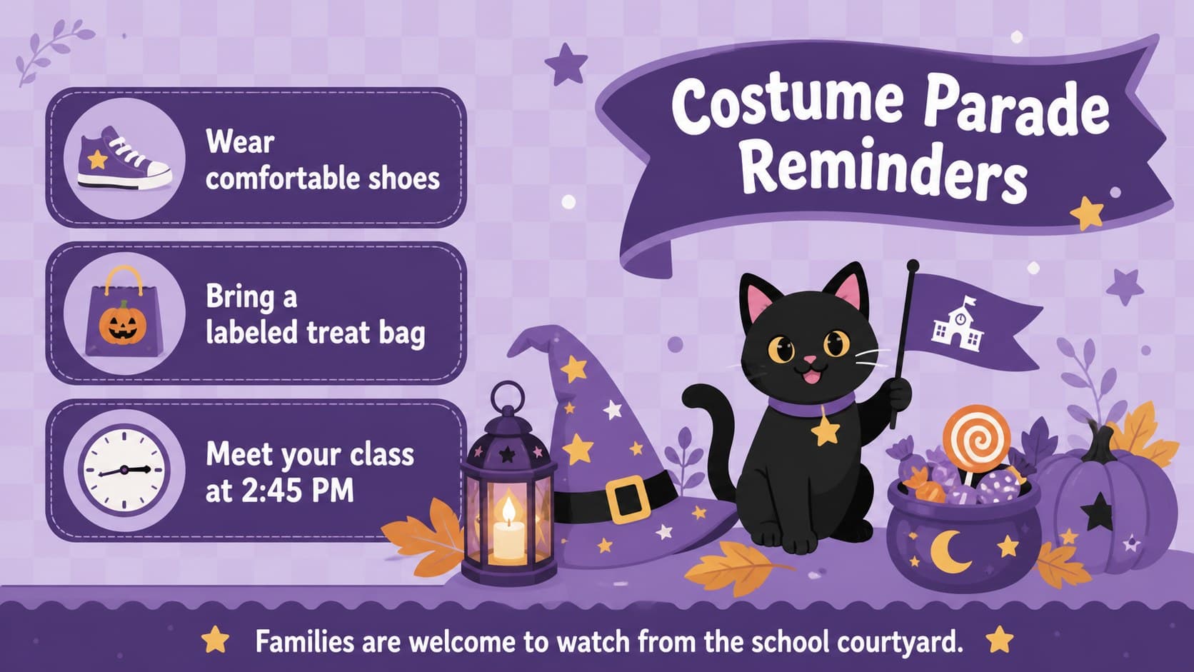 Purple Halloween classroom announcement slide presenting costume parade reminders and family event notes.