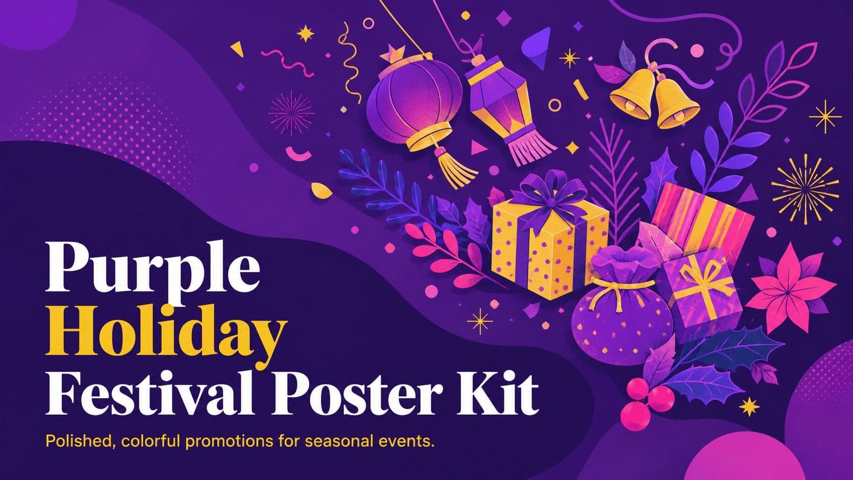 Cover of the Purple Holiday Festival Poster Kit with colorful seasonal illustrations on a vivid purple background.