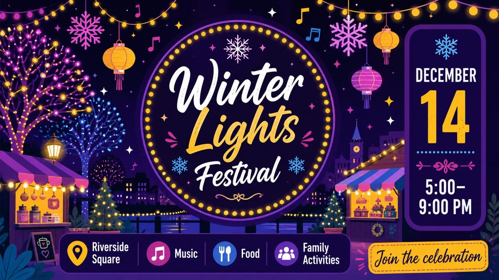 Illustrated holiday event poster advertising a winter lights festival with date, location, and activity details.
