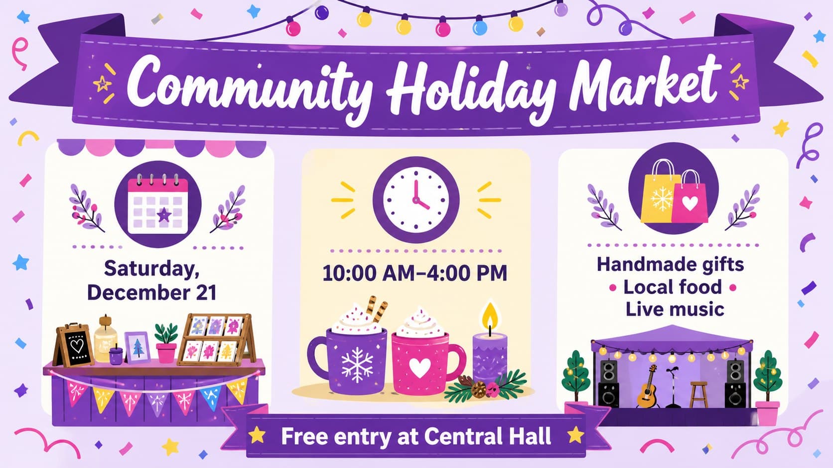 Bright illustrated holiday flyer for a community market featuring vendor, music, and family activity information.