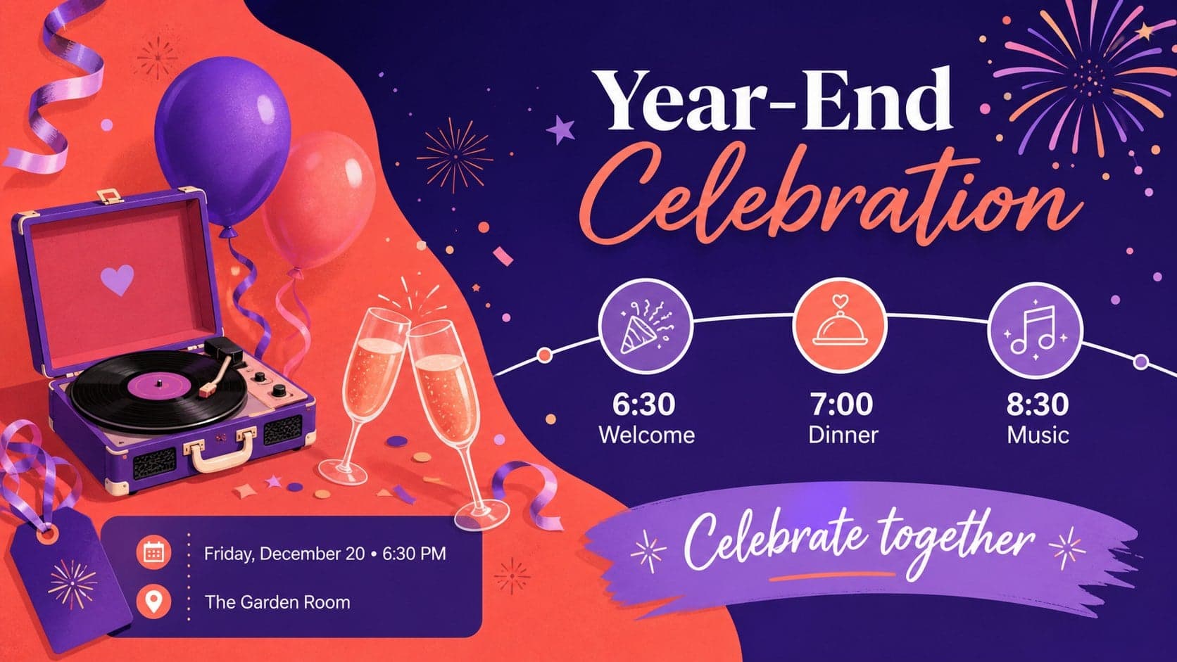 Purple festive party announcement design with an event schedule, venue details, and colorful celebration graphics.