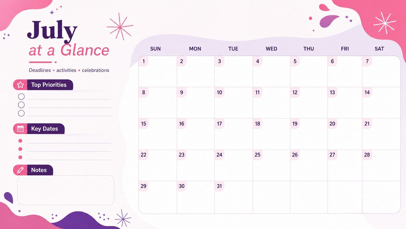 Editable July planner slide showing a monthly calendar with priorities, deadlines, and celebration notes.