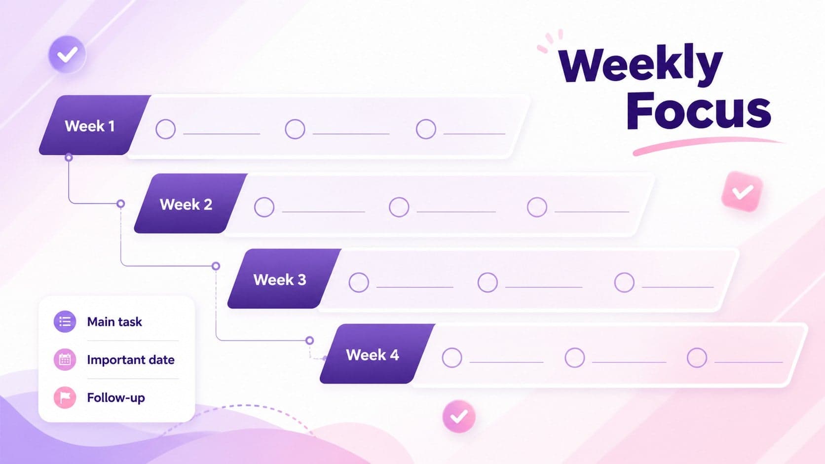 Purple summer schedule template with four weekly focus areas and a compact reminder panel.