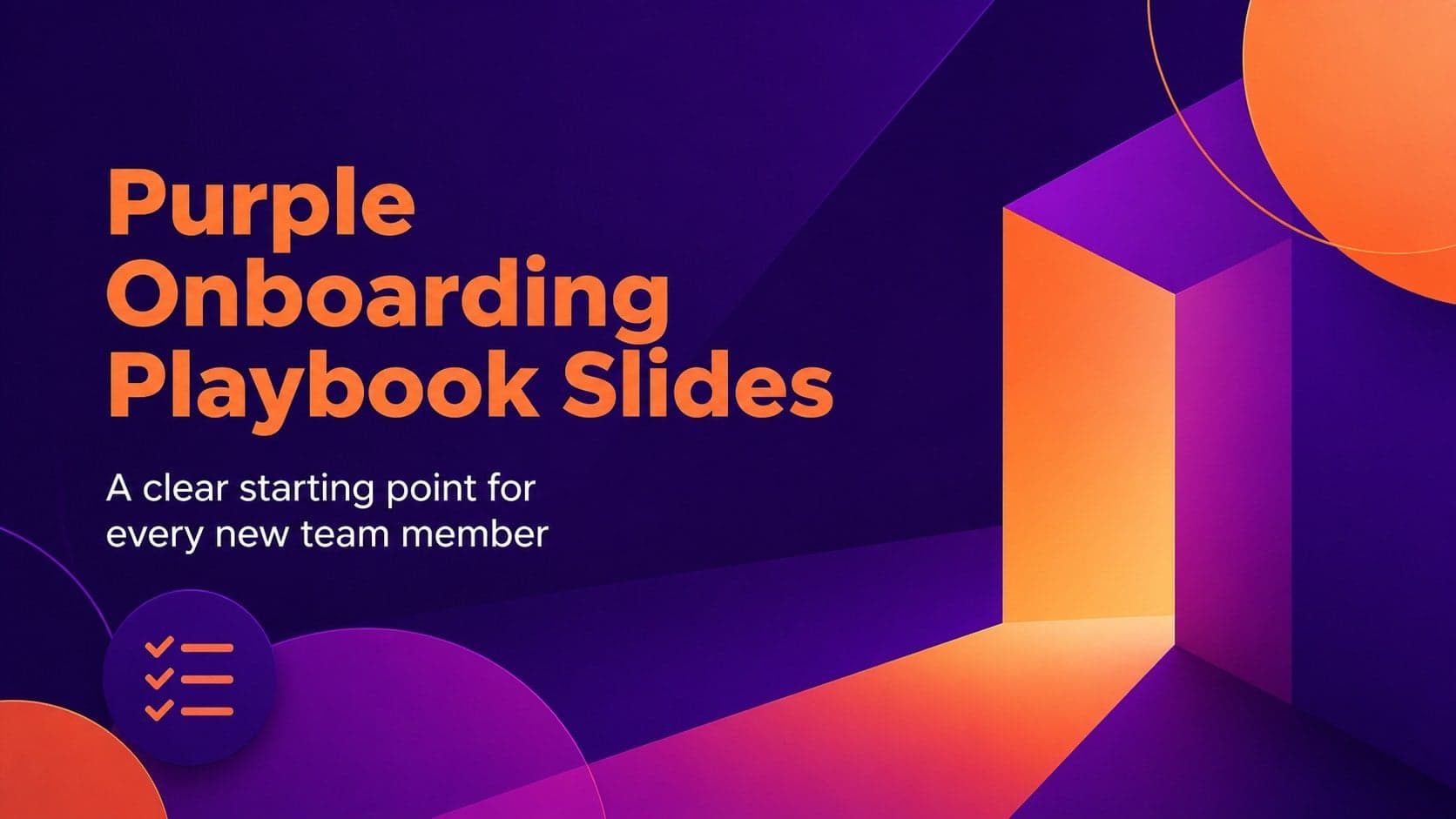 Purple onboarding playbook slides cover showing a geometric welcome composition for new team members.