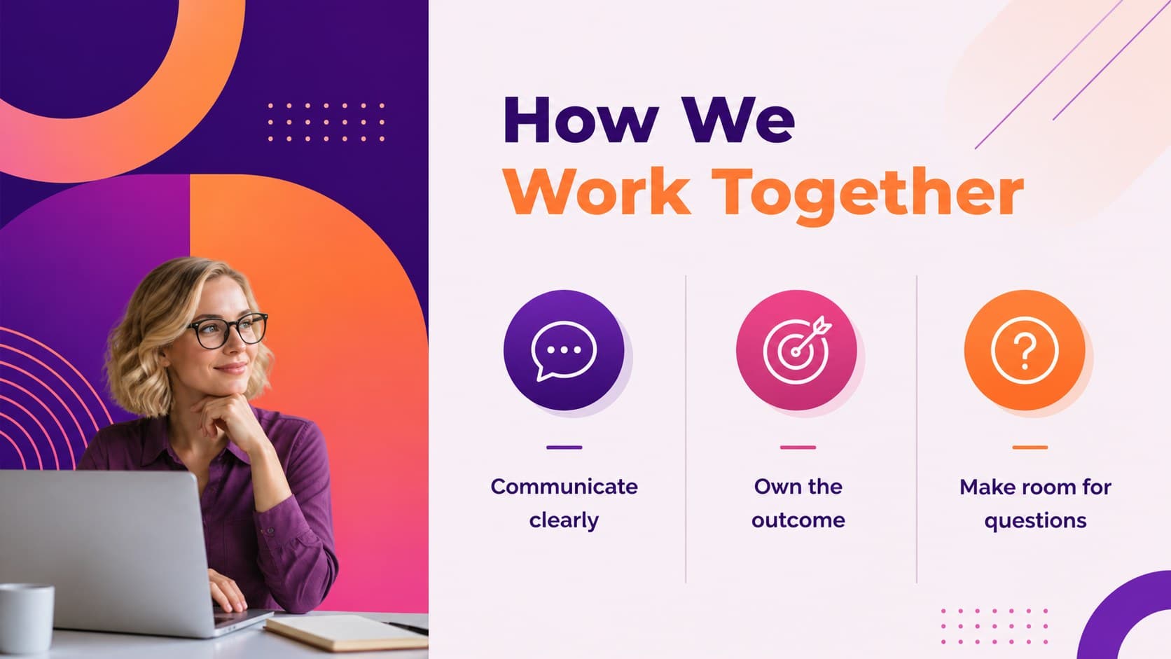 Employee onboarding guide template slide presenting workplace principles in a clean purple geometric layout.