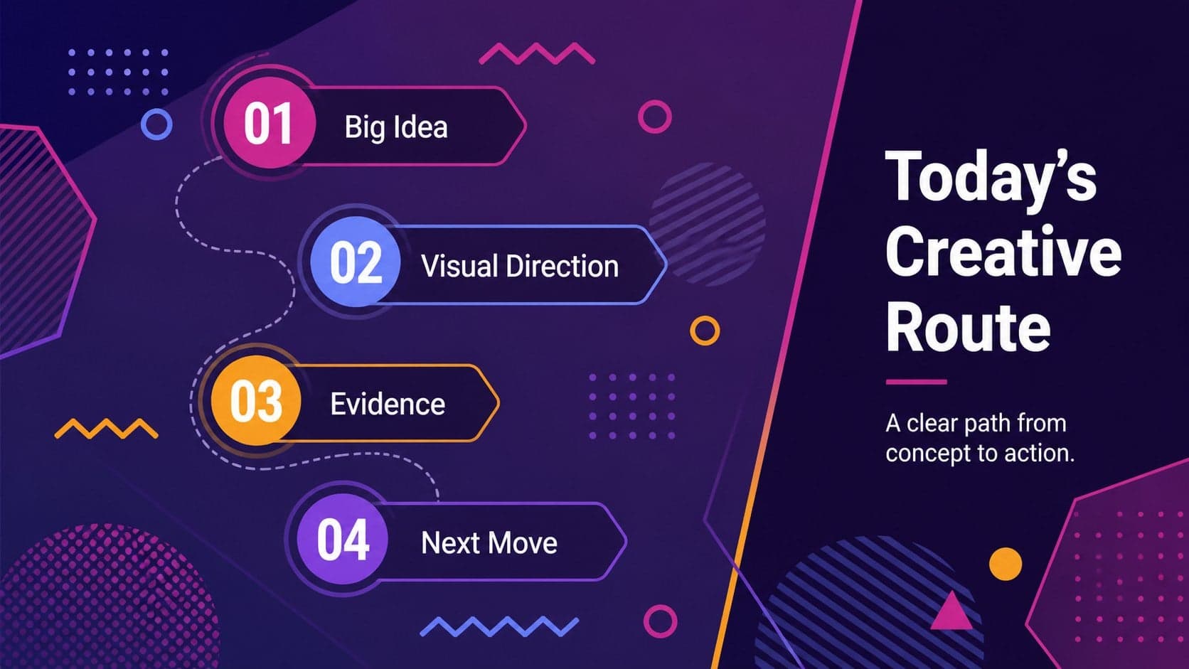 Purple geometric agenda slide outlining four sections for a creative presentation.