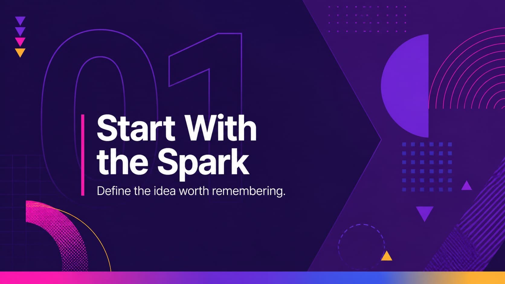 Bold purple presentation deck section opener featuring abstract shapes and a large chapter number.