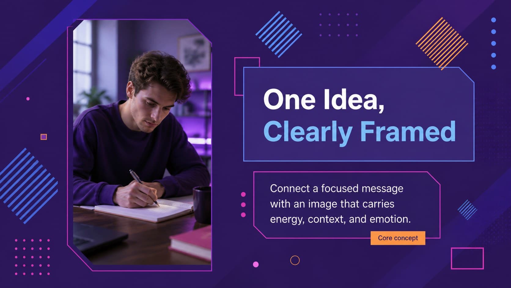 Creative concept slide with a large image area, purple shape accents, and concise explanatory text.
