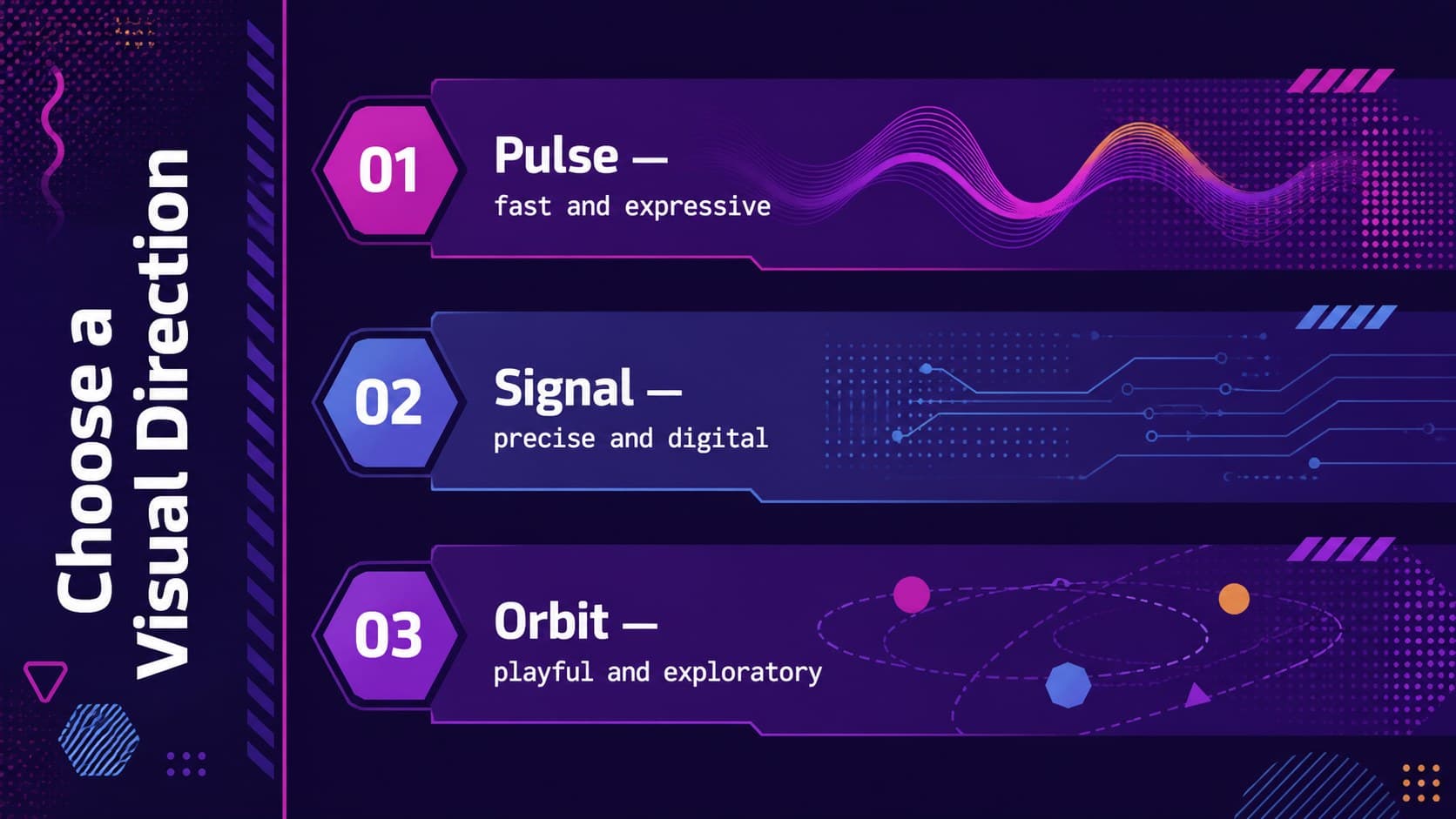 Geometric festival slides layout presenting three creative directions with vivid purple accents.