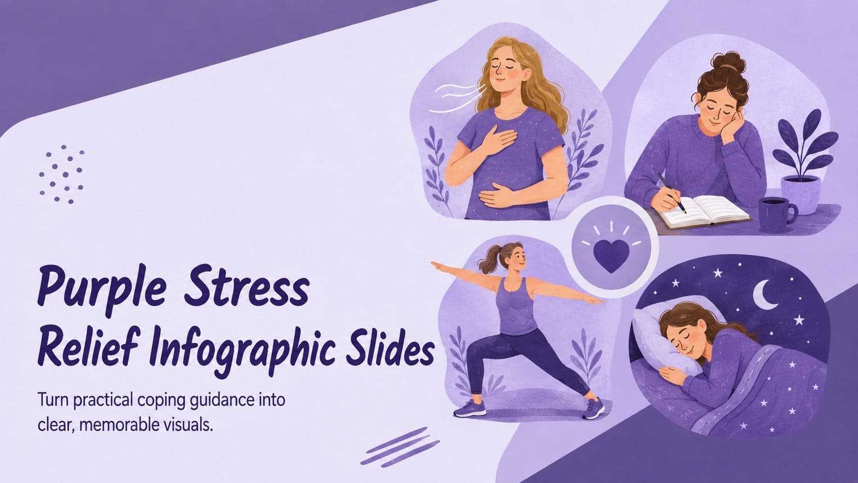Cover for Purple Stress Relief Infographic Slides with expressive wellness illustrations and a vibrant purple palette.