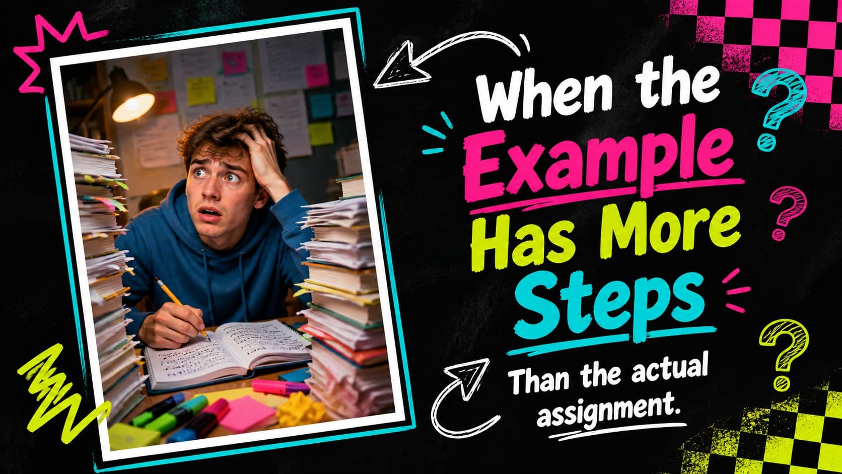 Humorous classroom presentation deck slide with a puzzled student reaction and playful question graphics.