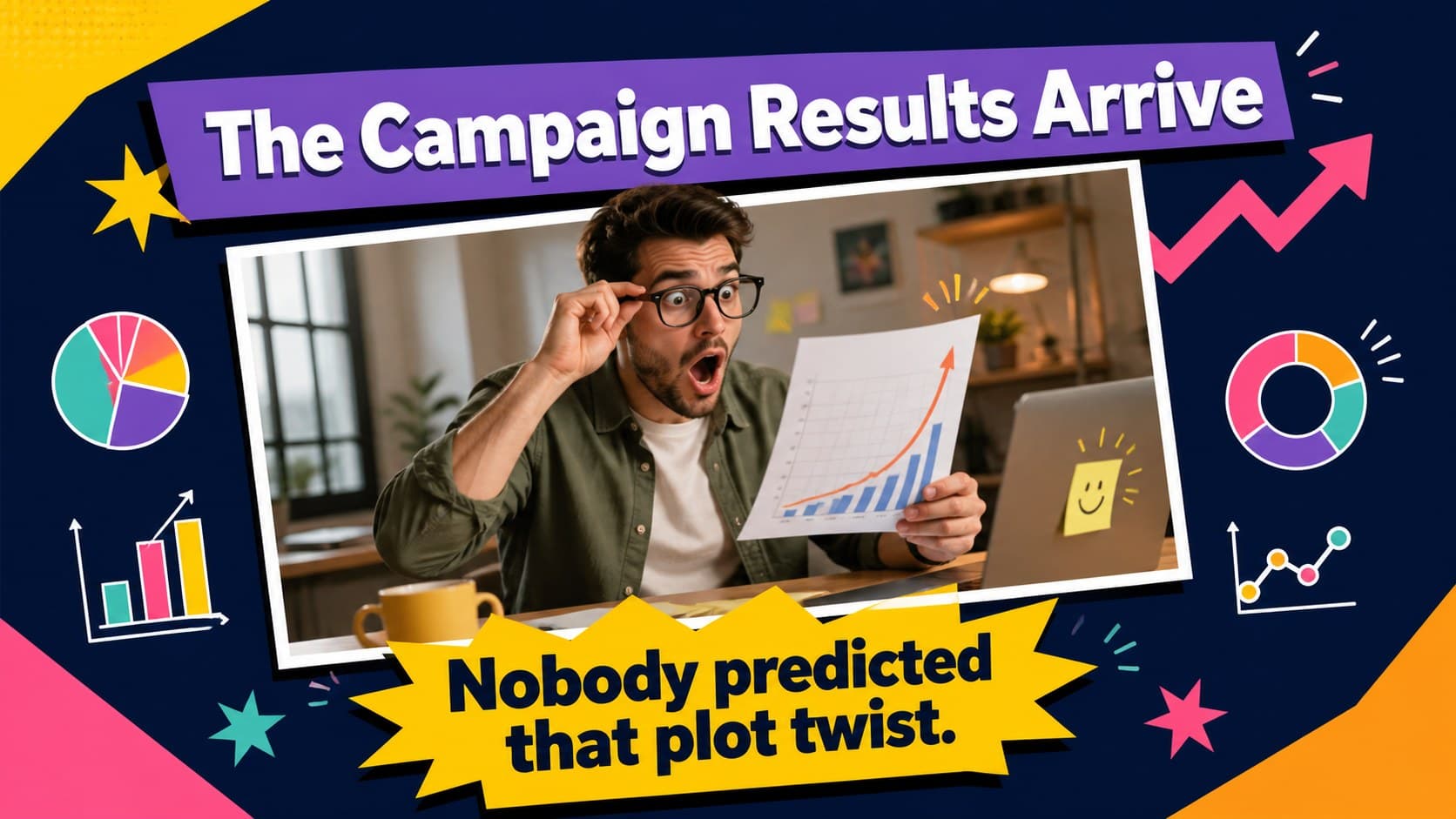 Photo caption slide for presentations featuring a surprised reaction to unexpected campaign results.