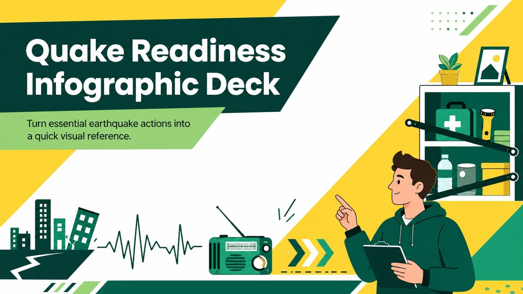 Cover for a quake readiness infographic deck with bright geometric safety graphics in yellow, green, and white.