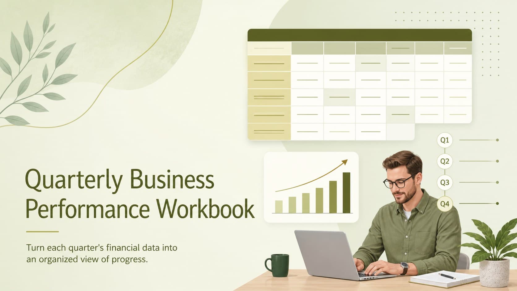 Green cover for a quarterly business performance workbook with a clean financial reporting theme.