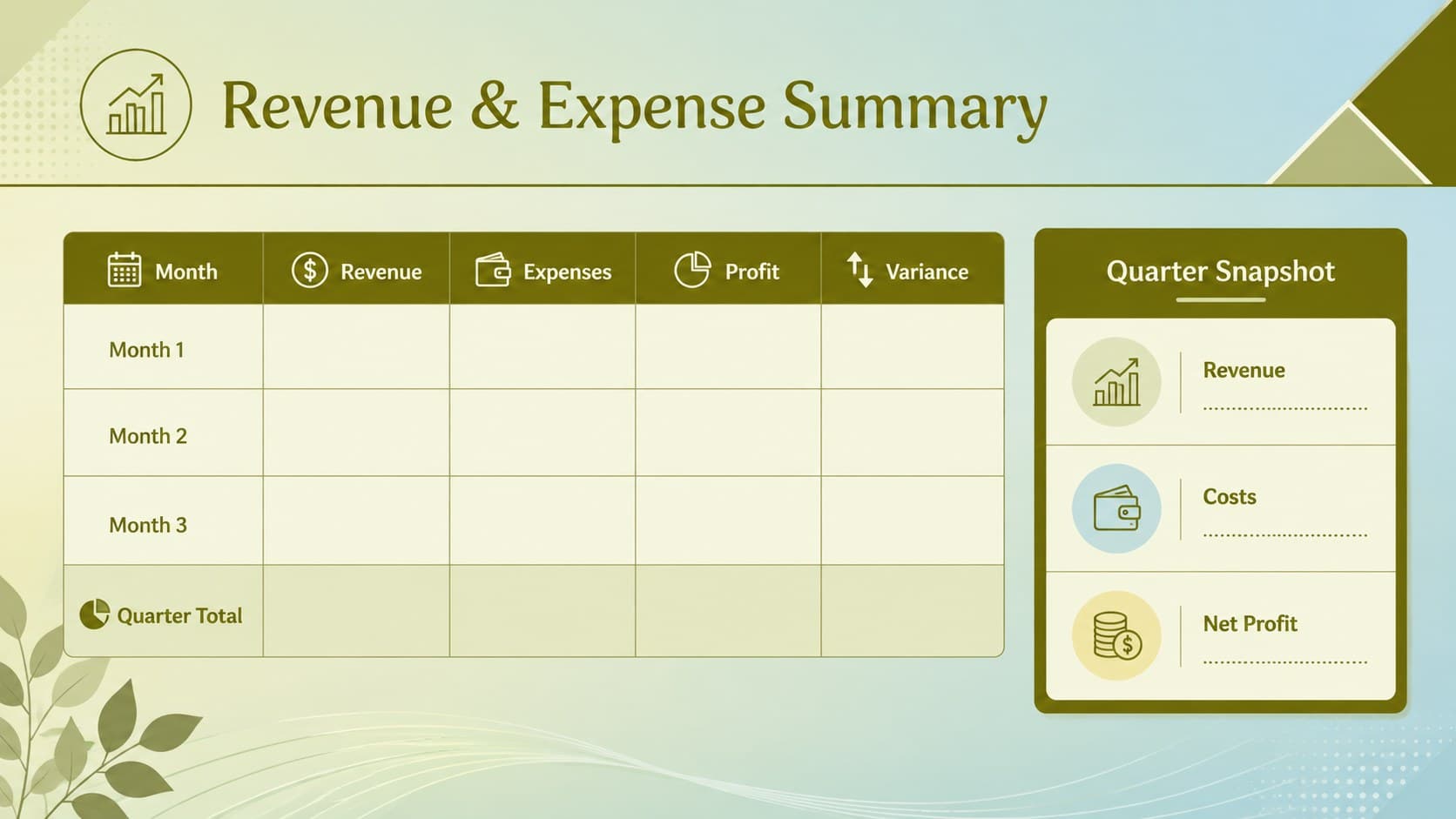 Quarterly revenue and expense template showing monthly figures, totals, and profit variance in a green spreadsheet layout.