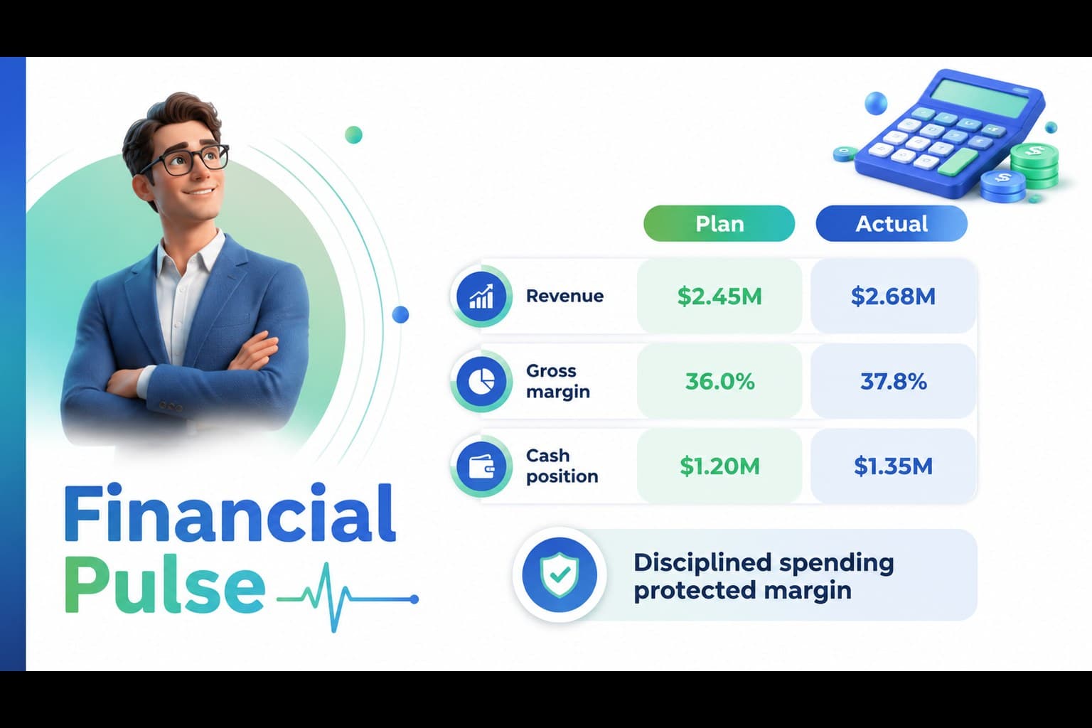 Financial review slide comparing planned and actual results with blue-green charts and 3D objects.