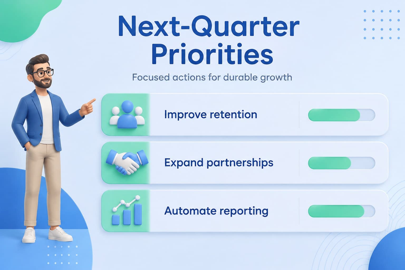 Strategic priorities slide featuring three focus areas, concise descriptions, and blue-green 3D symbols.