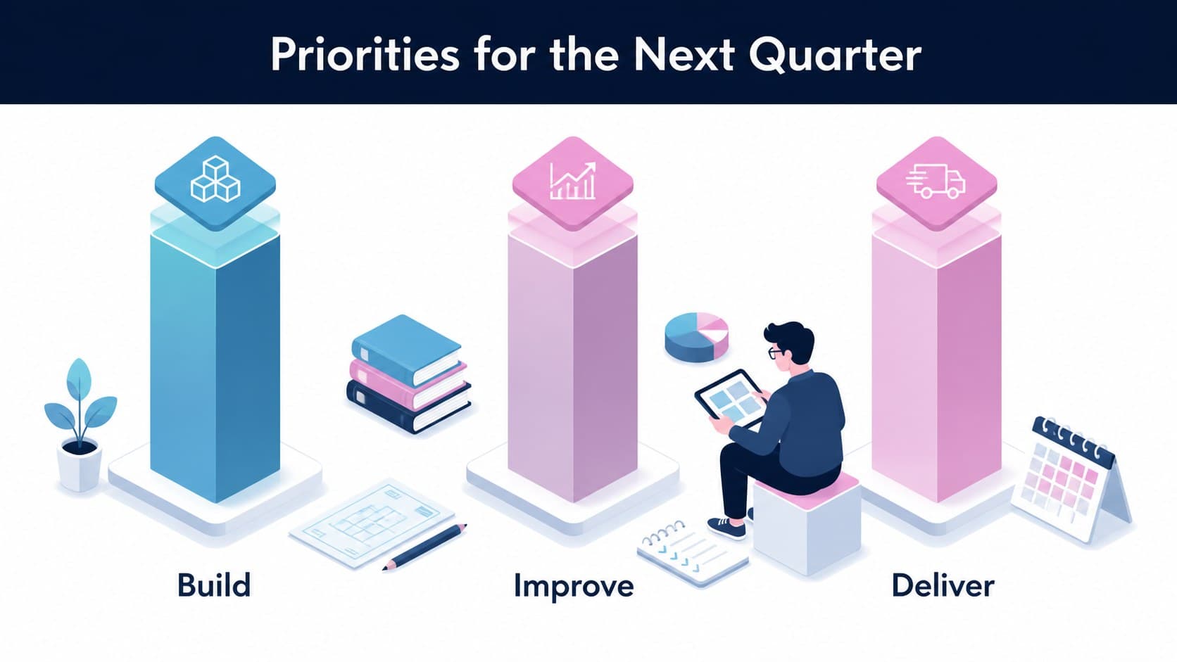 Development priorities slide for quarterly planning with a focused three-column action layout.