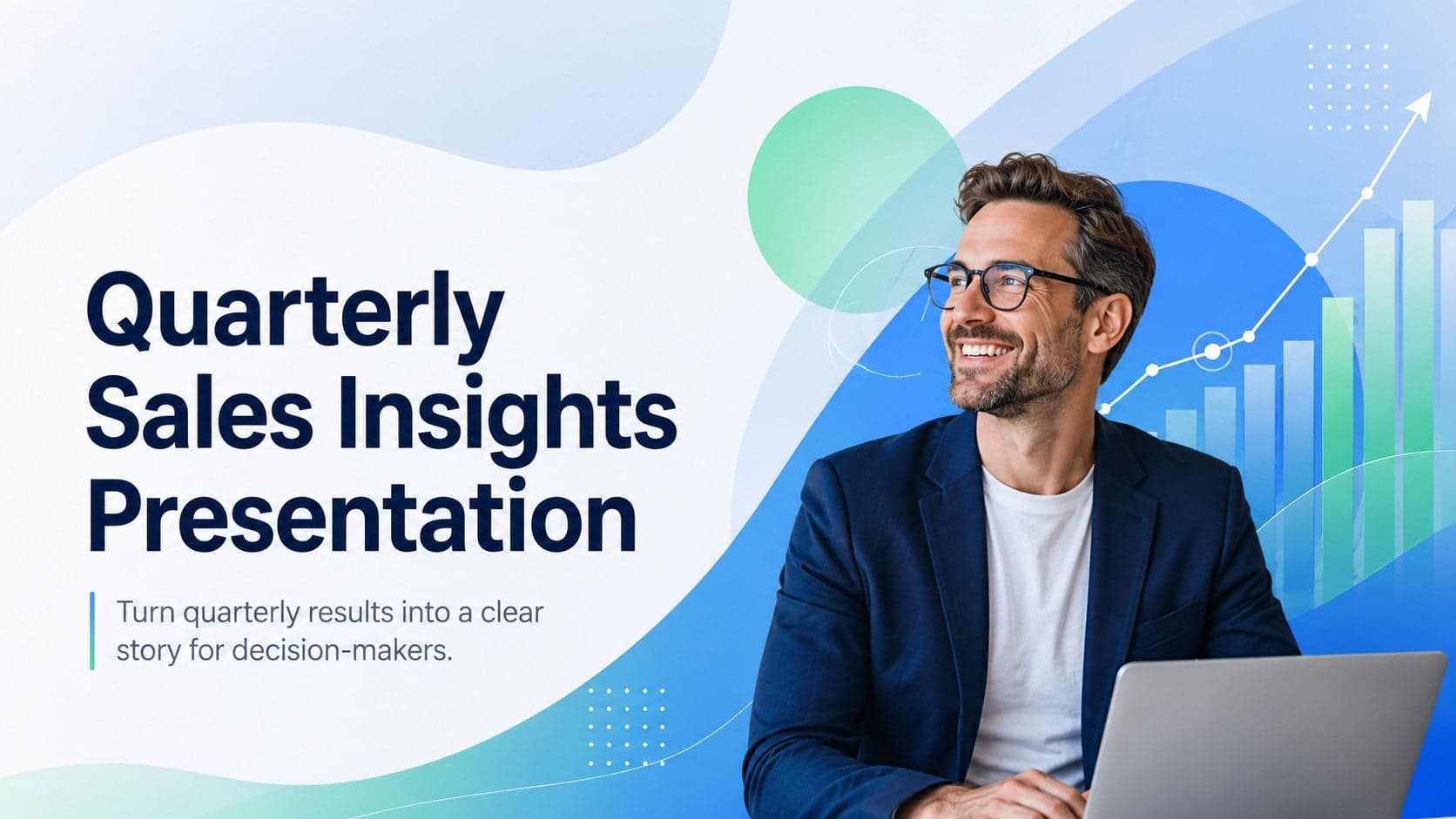Quarterly sales insights presentation cover with blue-and-green gradient accents and a clean executive reporting layout.