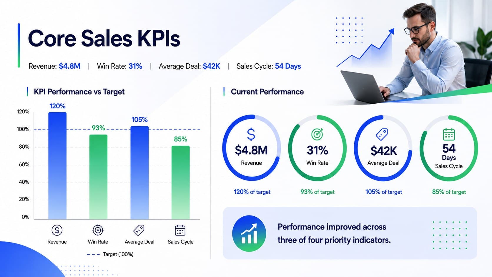 Sales KPI dashboard slides layout featuring revenue, win rate, deal size, and sales cycle metrics.