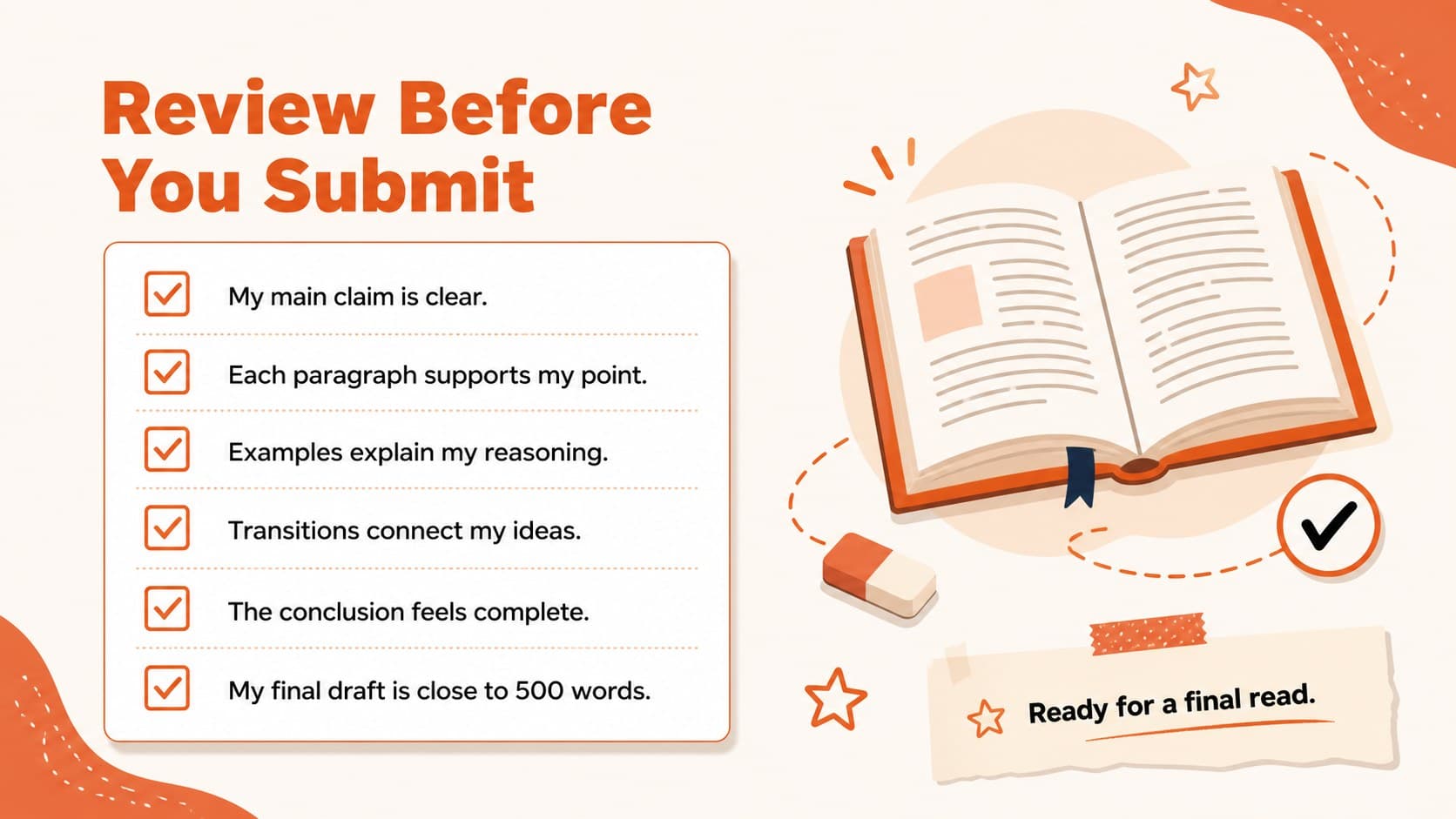 Guided short essay worksheet with a final revision checklist for clarity, evidence, transitions, and word count.
