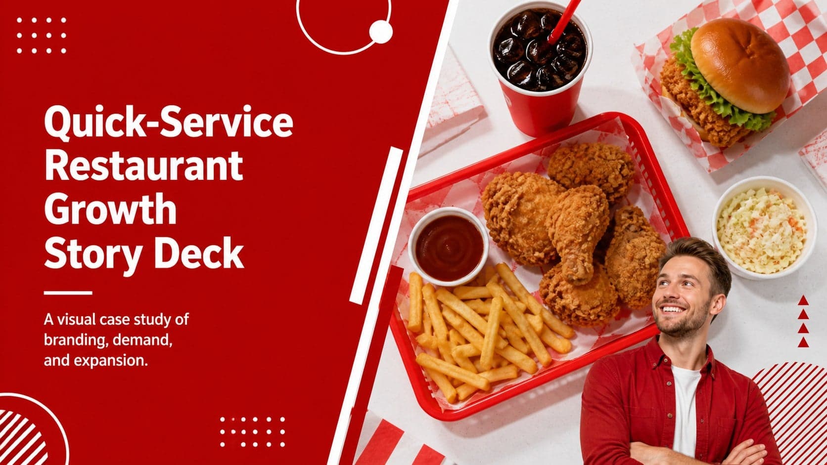Cover slide for a quick-service restaurant growth deck with a bold red-and-white food business composition.