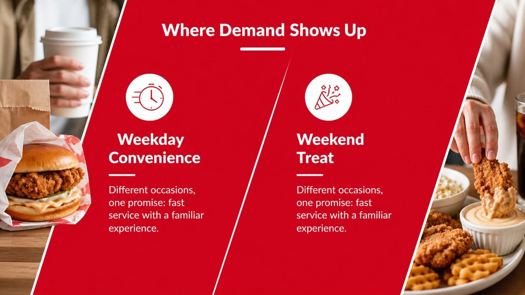 Food chain strategy slide comparing customer segments and restaurant purchase occasions.