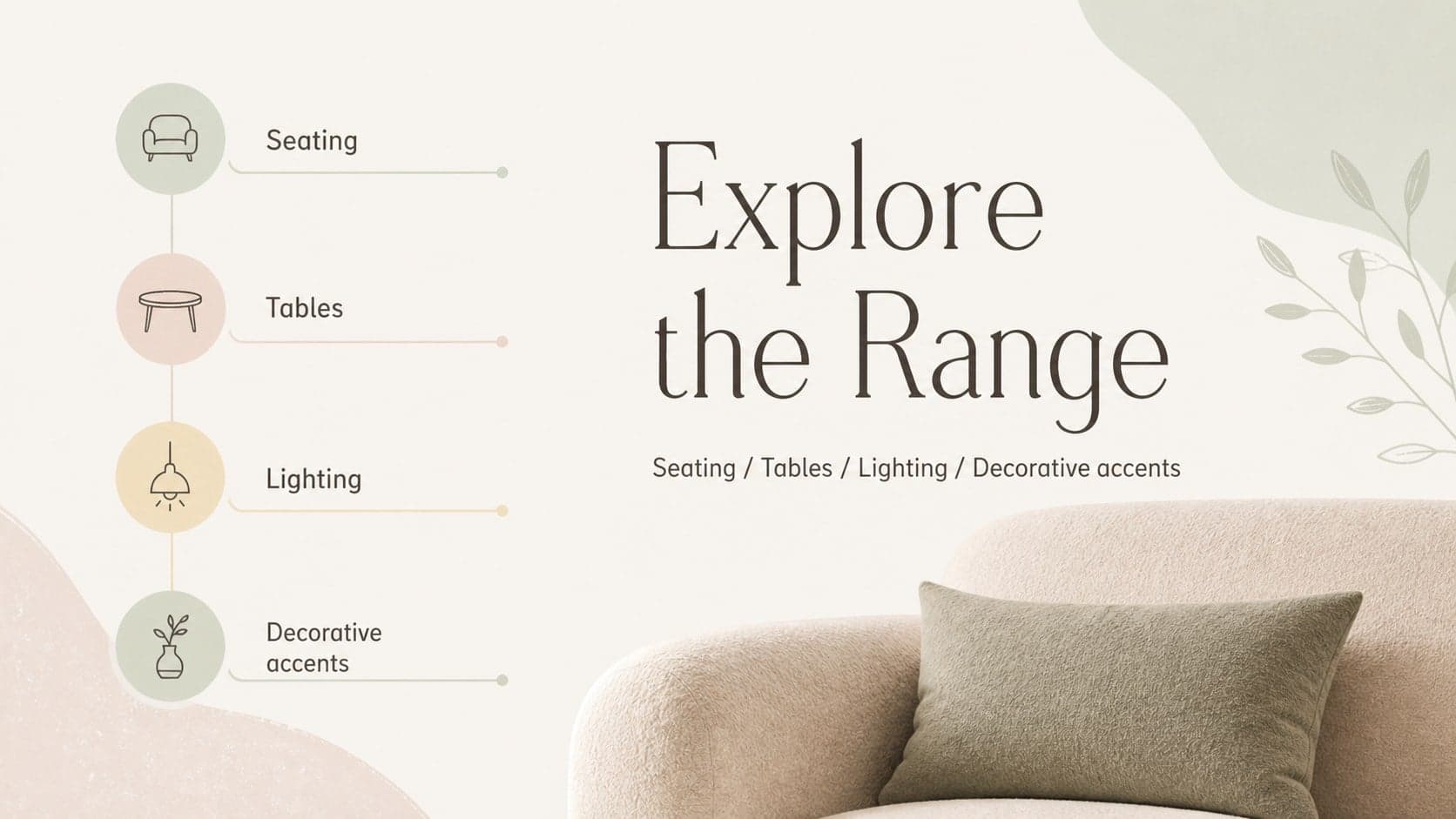 Furniture collection category slide organizing seating, tables, lighting, and decorative accents.