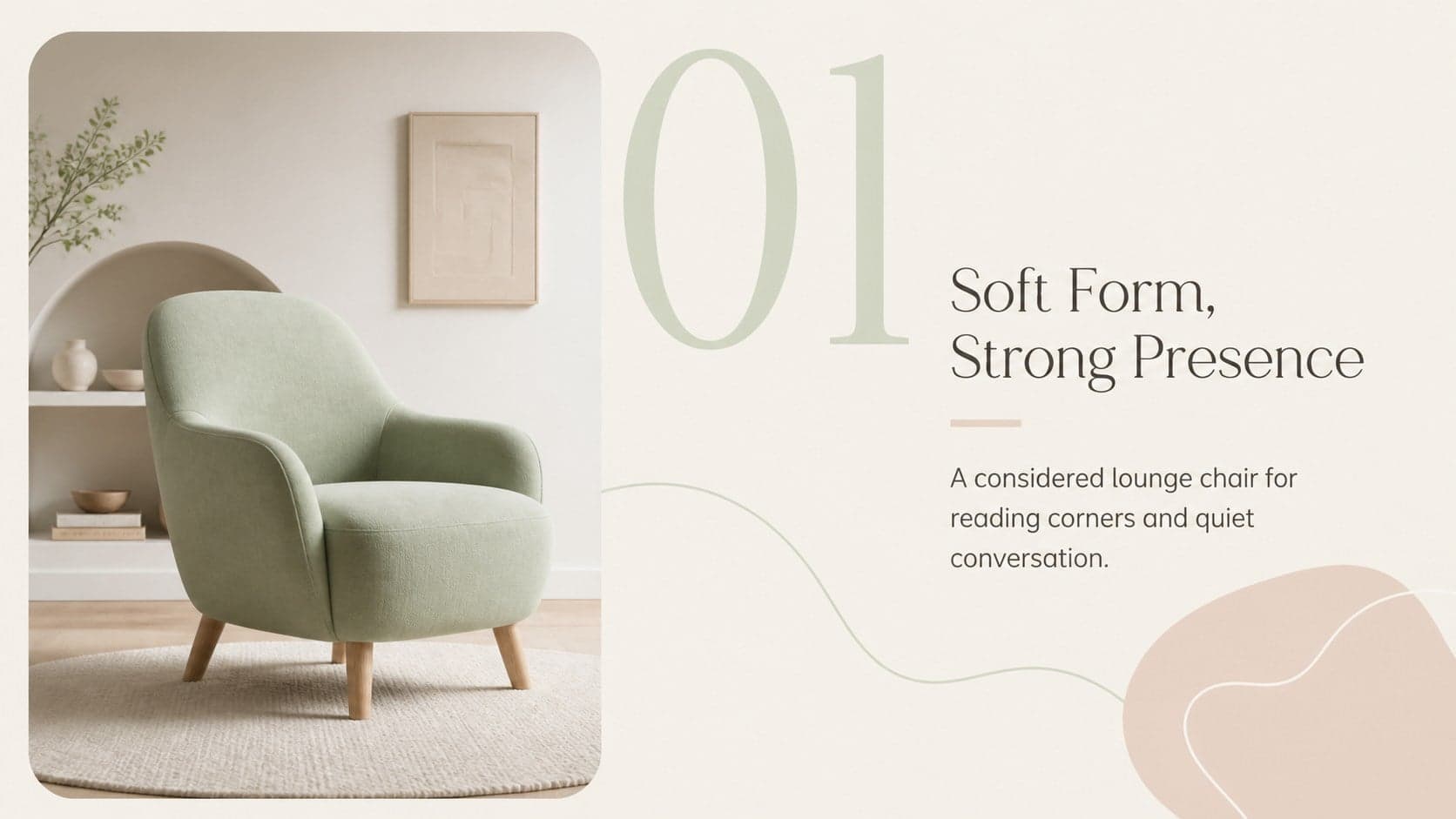 Minimal retail lookbook presentation slide focused on a featured lounge chair and its design story.
