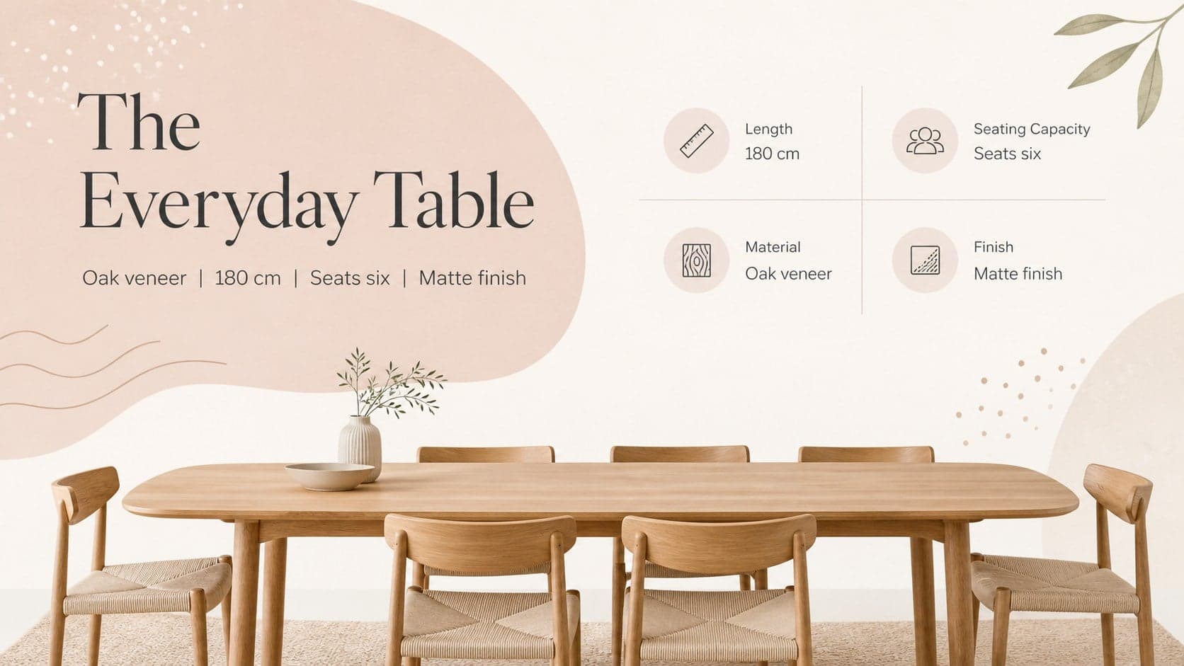 Modern furniture product showcase slide presenting a dining table with materials and dimensions.