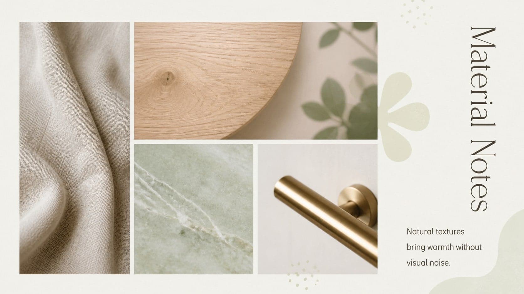 Home decor collection pitch deck slide highlighting tactile materials and neutral surface finishes.