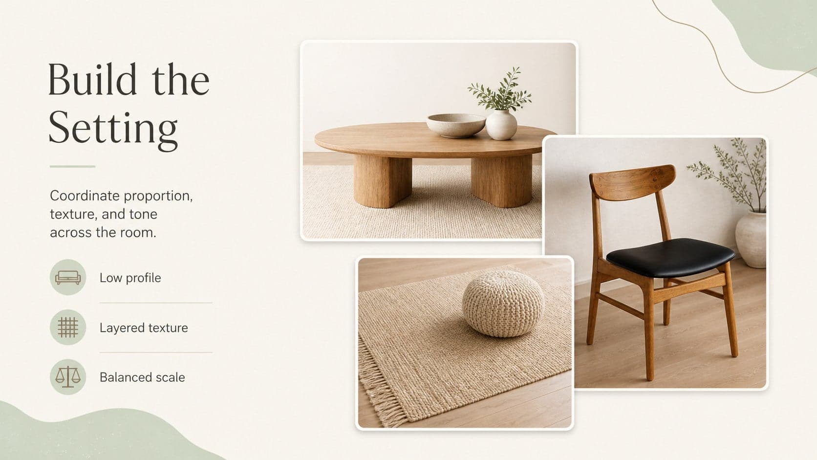Interior design product catalog slide comparing three coordinated furniture pieces in a calm layout.