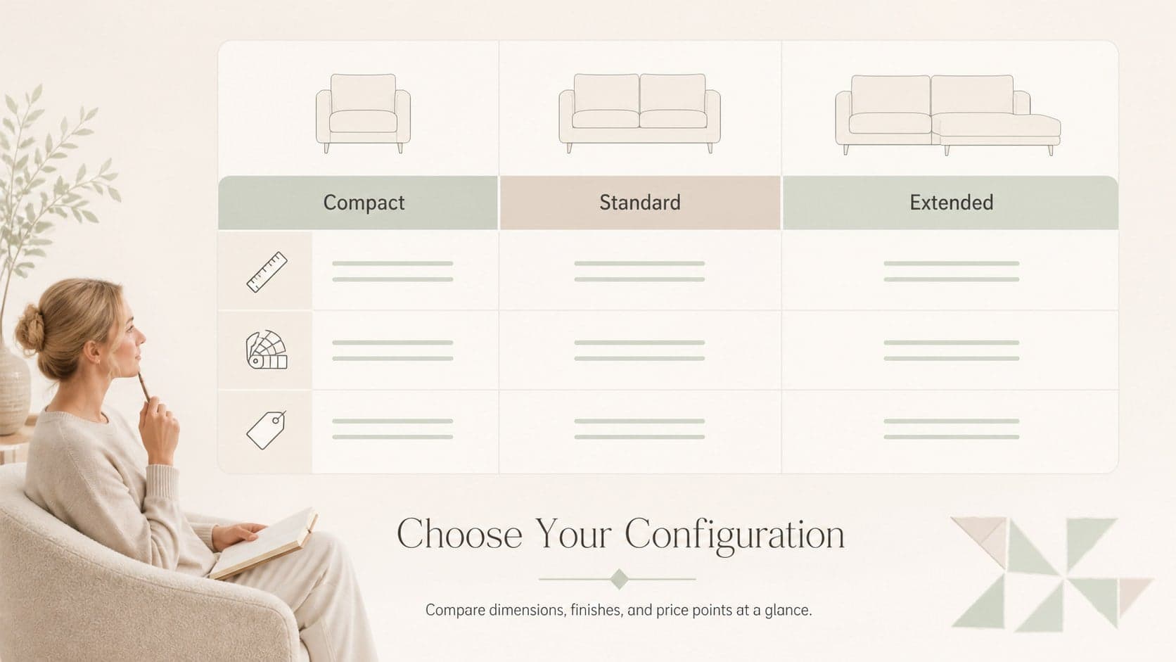 Furniture catalog comparison slide outlining sizes, finishes, and pricing tiers for a product family.