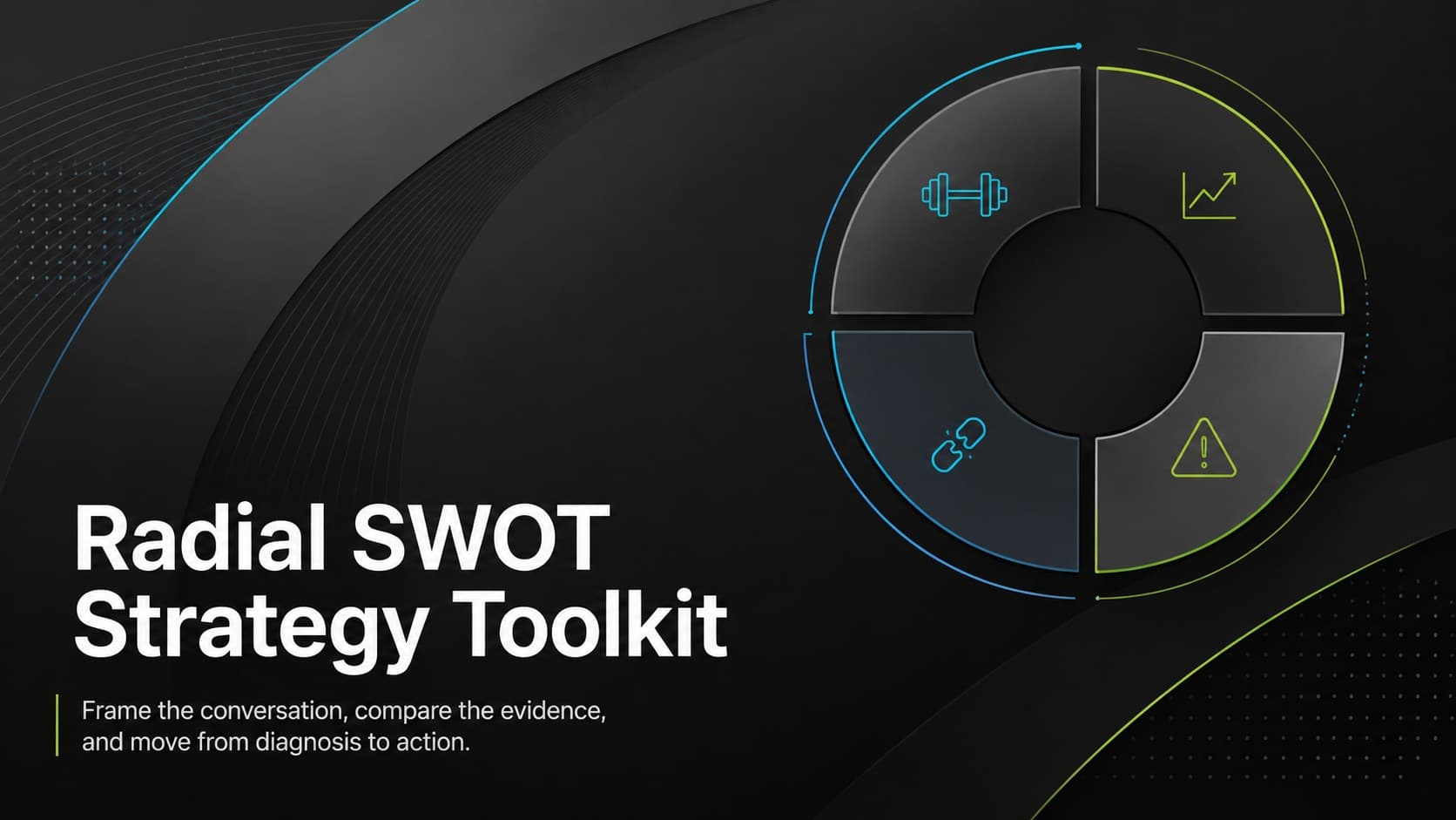 Cover of the Radial SWOT Strategy Toolkit with a black gradient background and luminous circular strategy graphic.