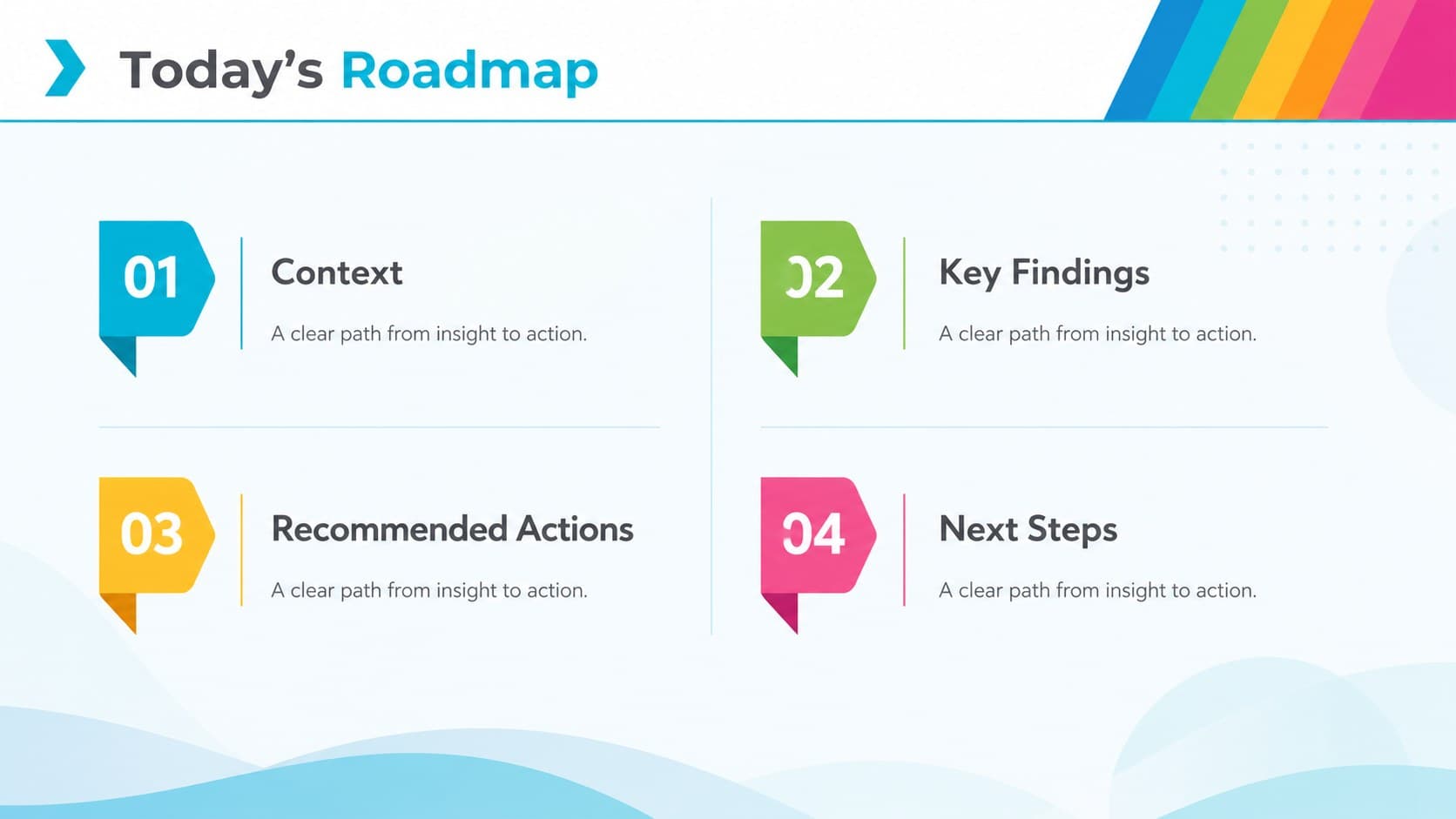Color-coded agenda layout from a flexible multipurpose slide deck for business and education.