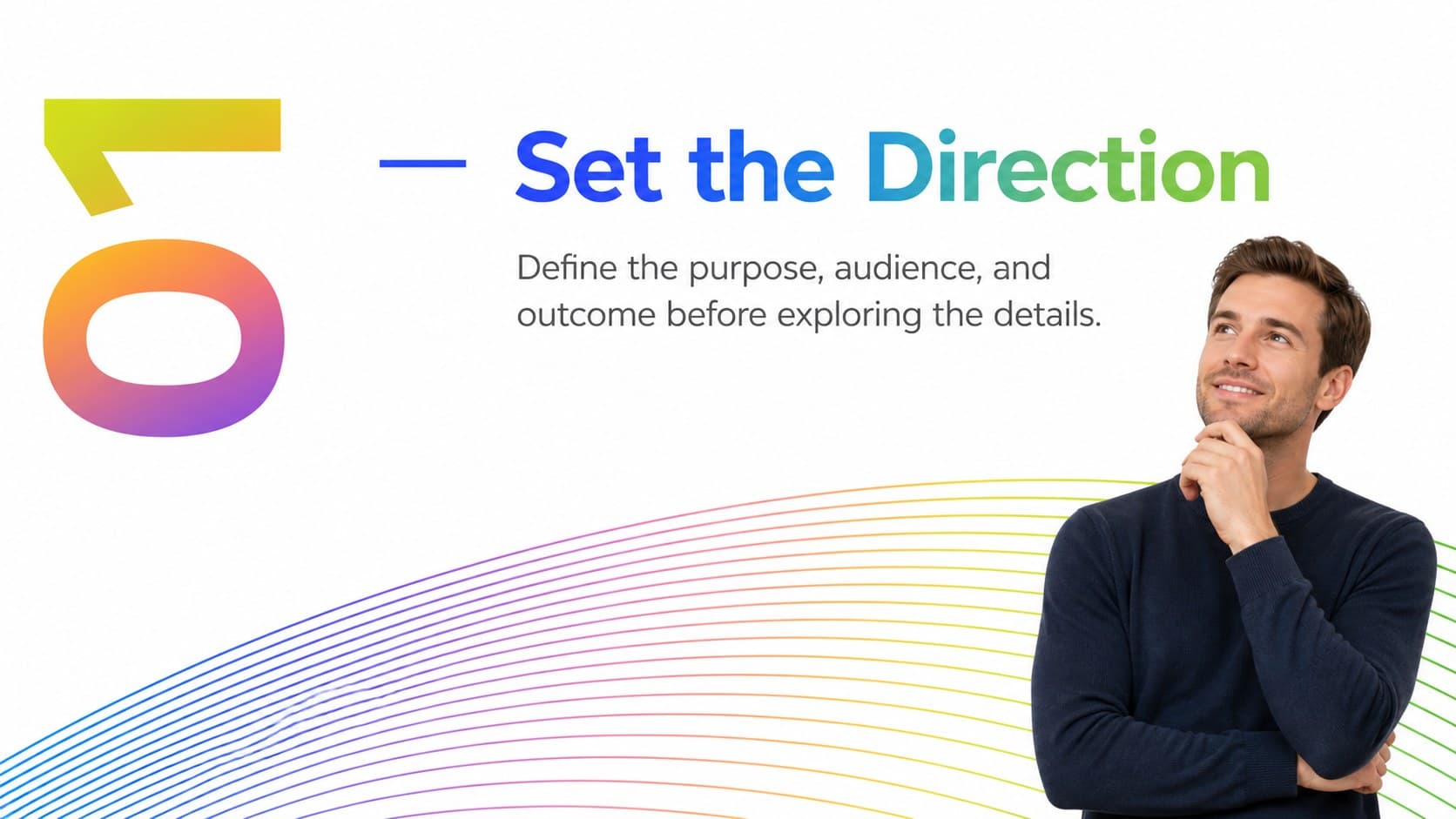 Section opener using bold blue typography and rainbow accents for a colorful professional presentation.